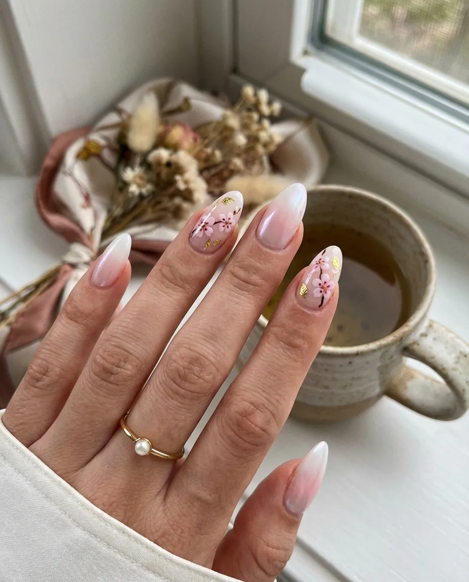 pink almond jelly cherry blossom nails