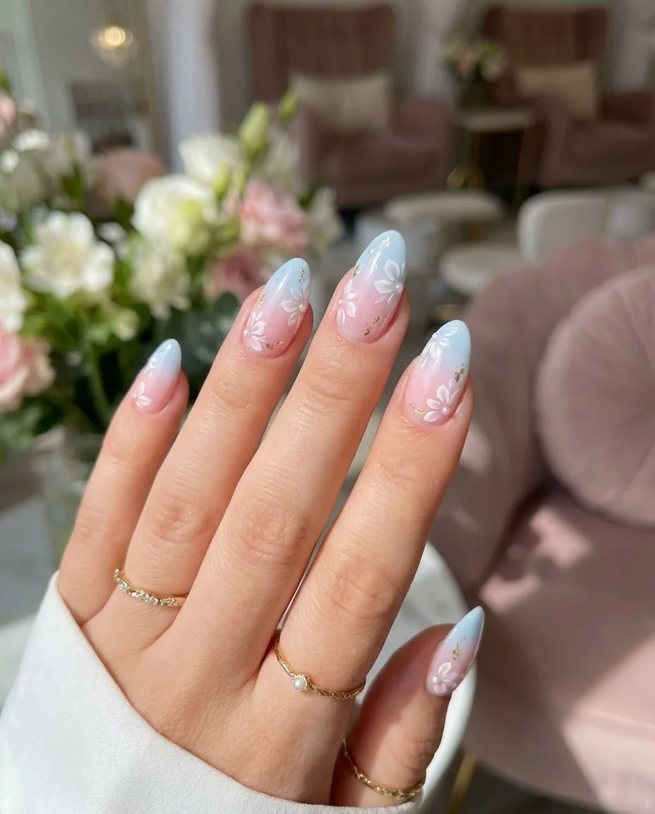 blue pink ombre almond floral nails