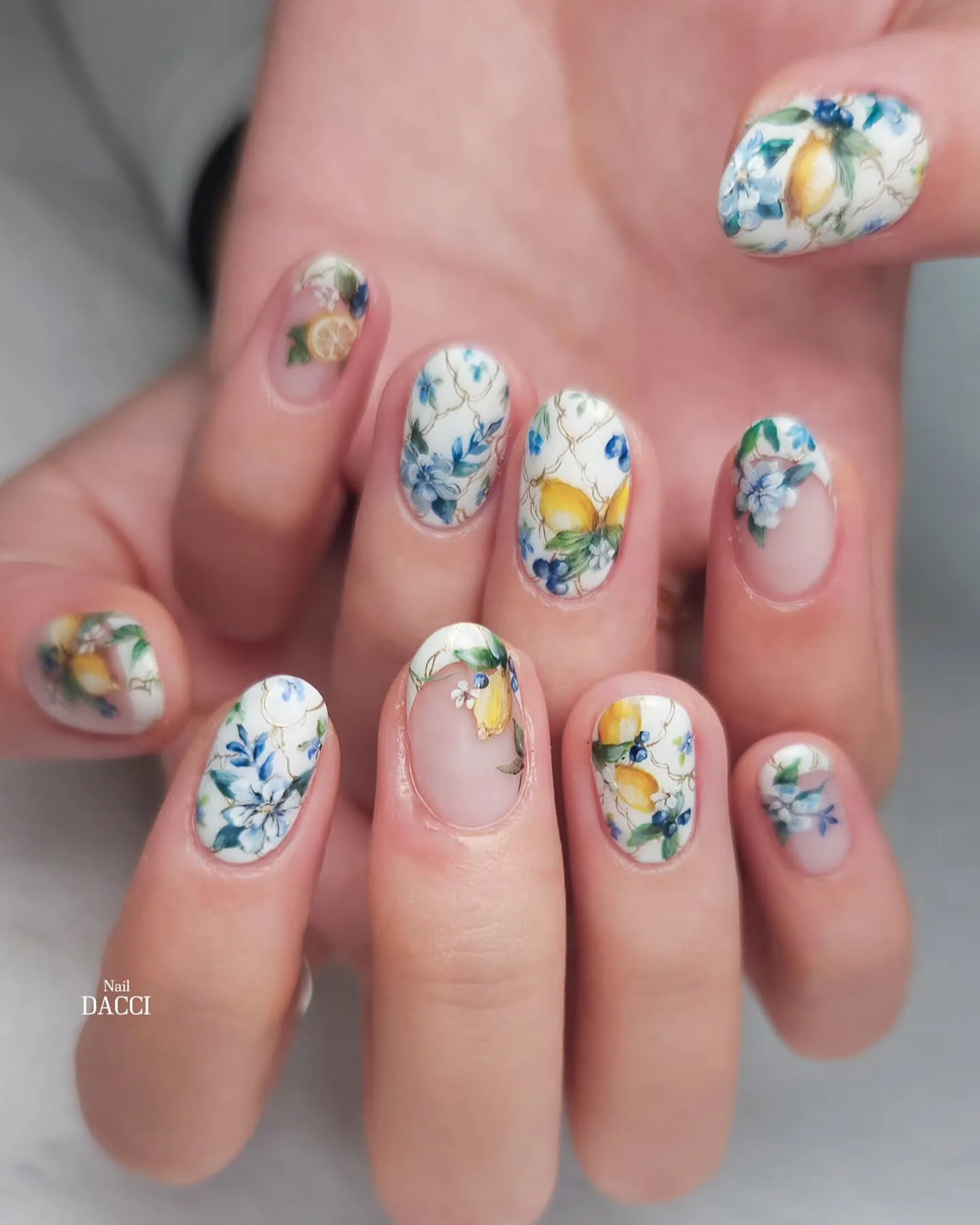 clear oval botanical floral lemon nails