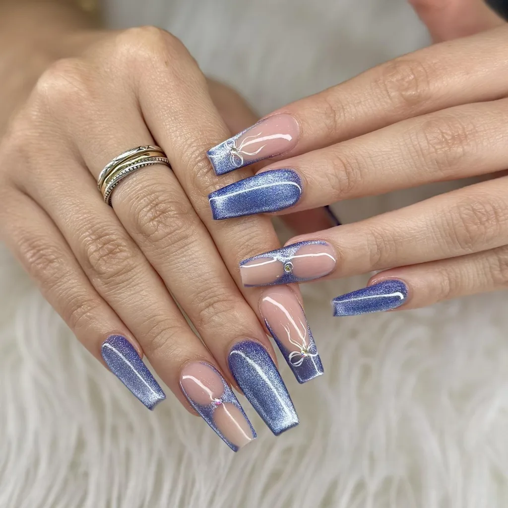 periwinkle chrome coffin swirl nails