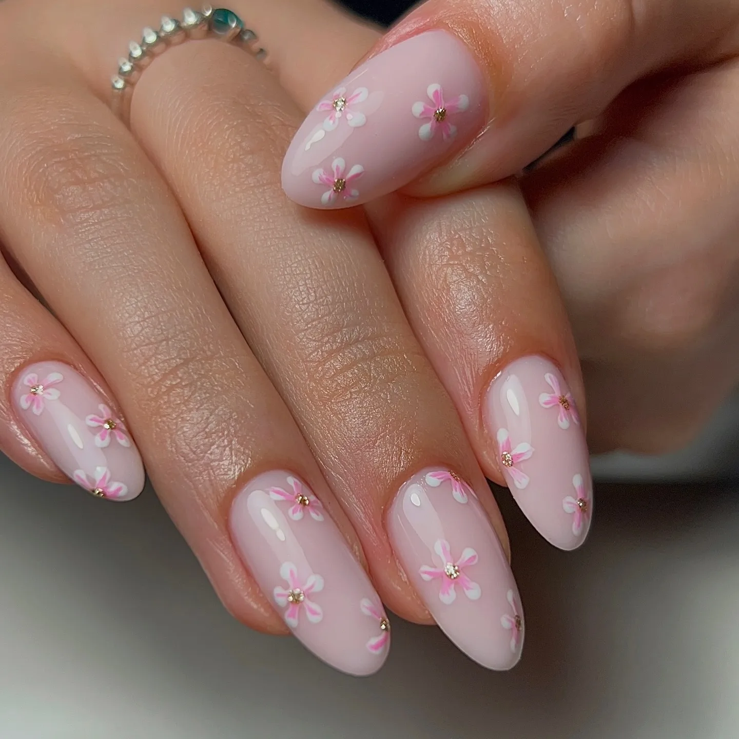pink almond jelly floral nails