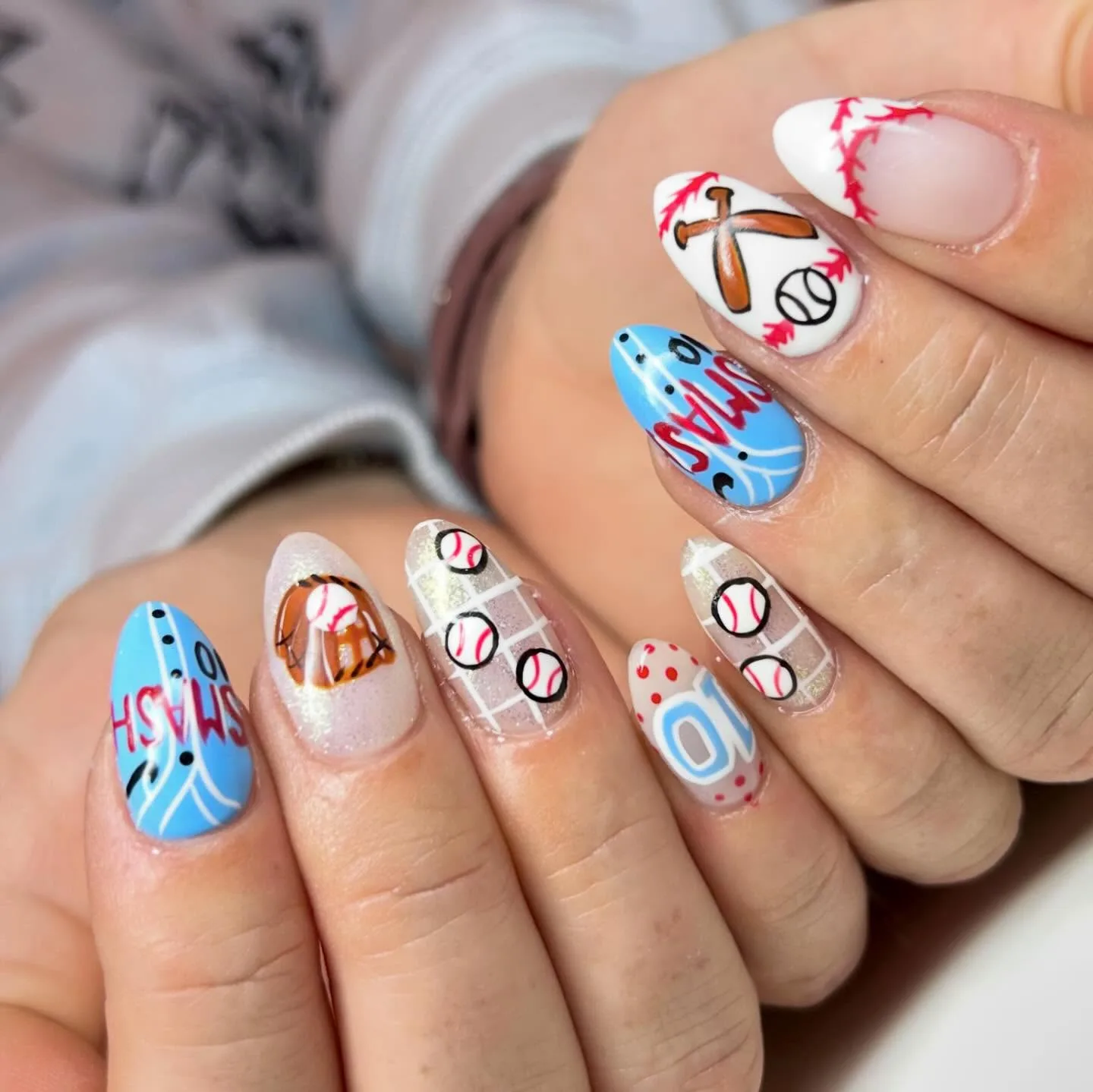 clear almond baseball themed nails