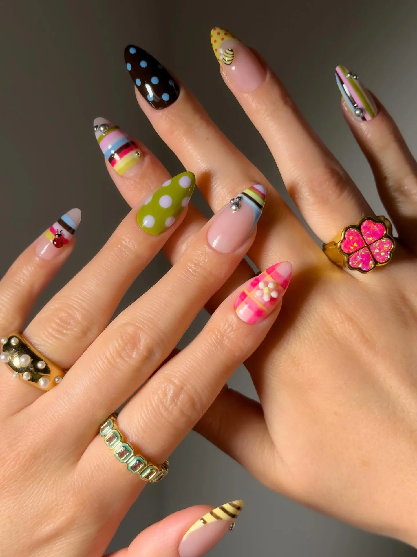 multicolor almond mixed pattern nails