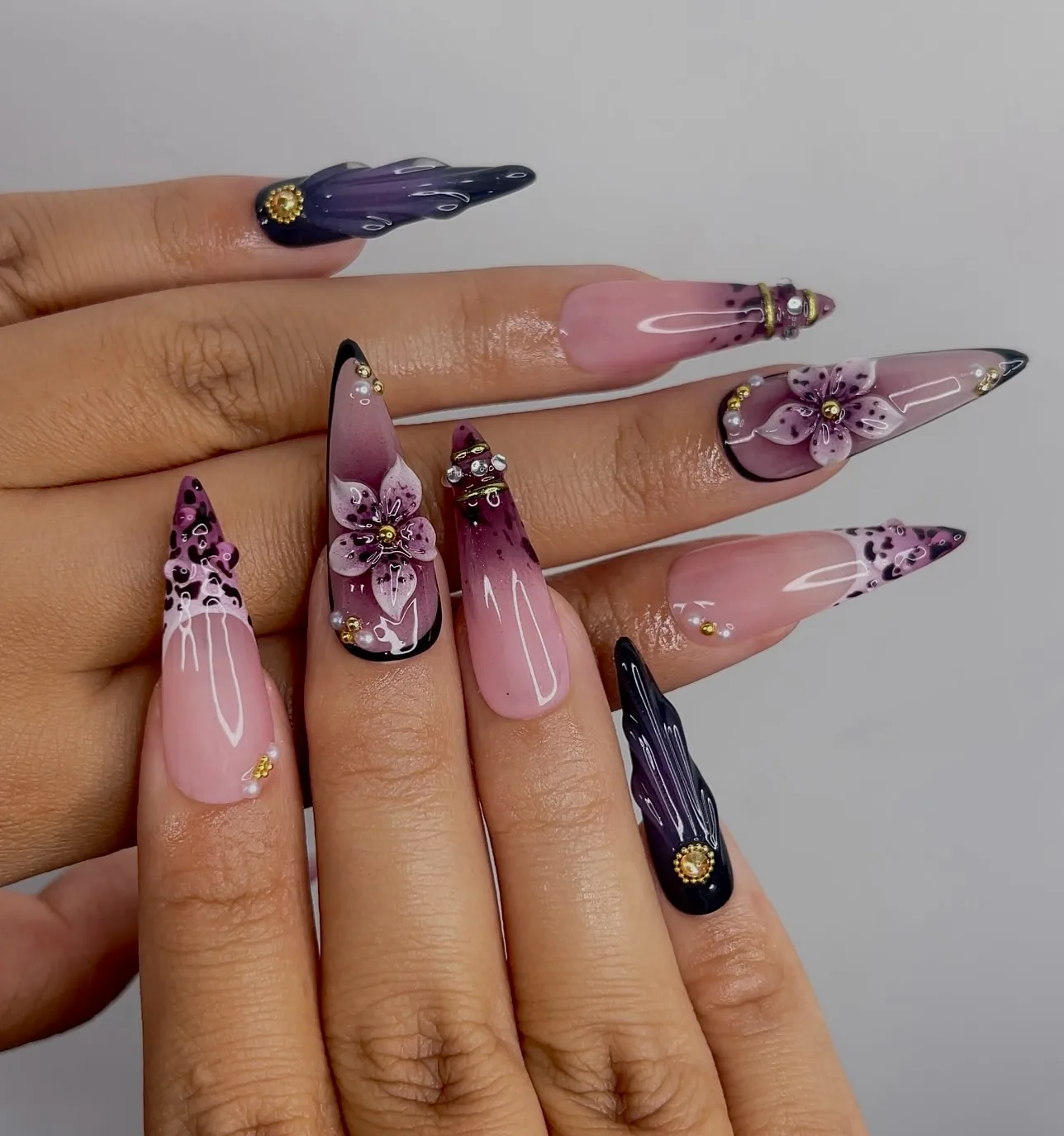 pink purple coffin floral nails