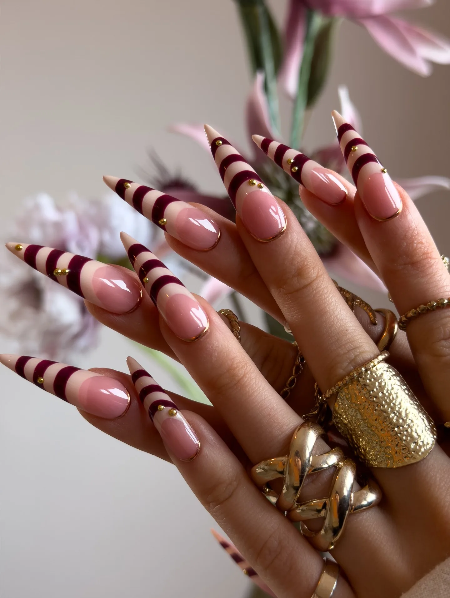 dusty rose coffin striped nails