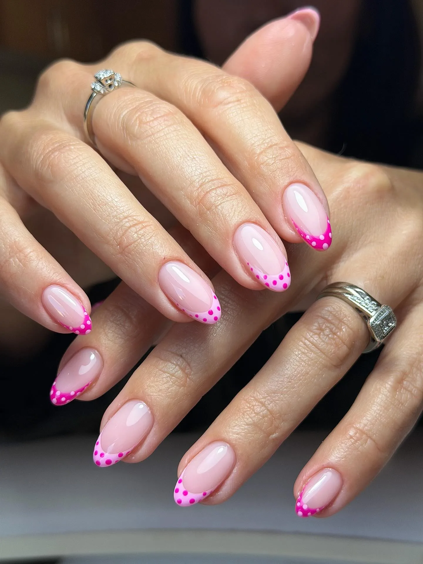 pink almond magenta polka dot nails