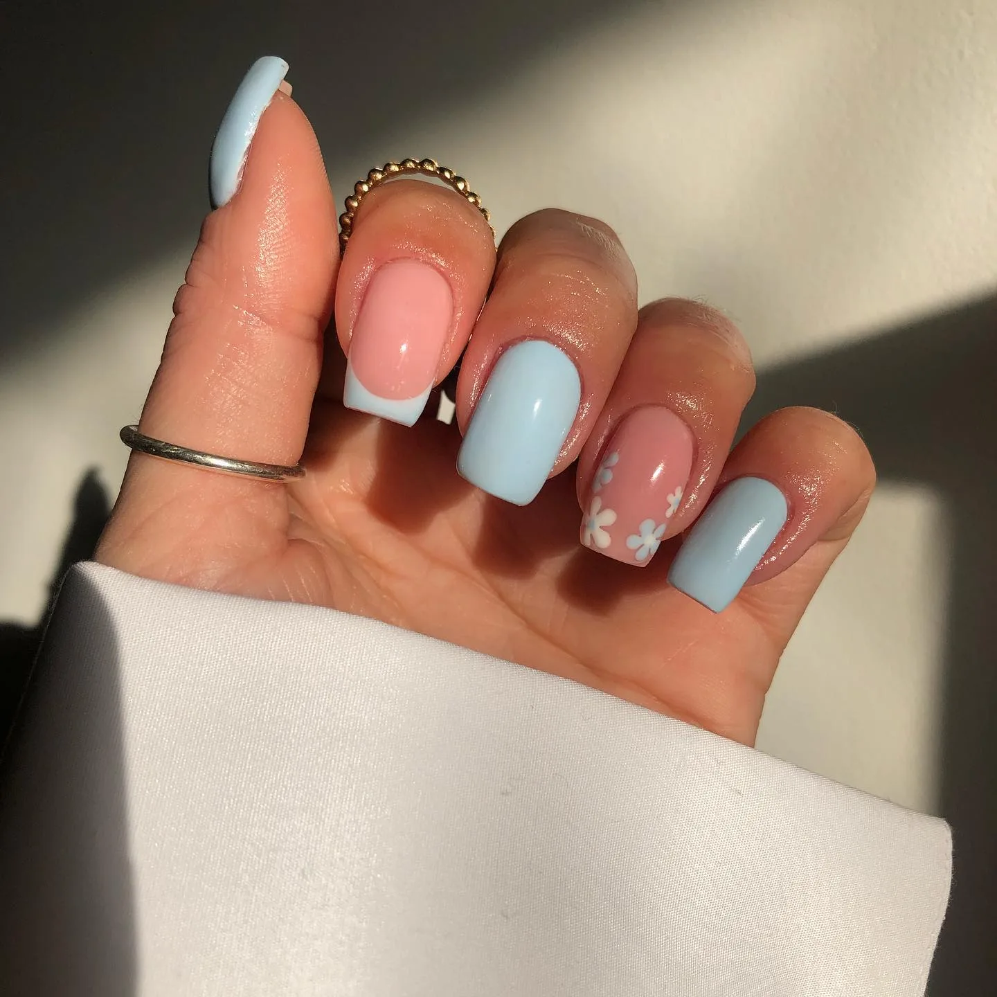 blue pink coffin floral nails