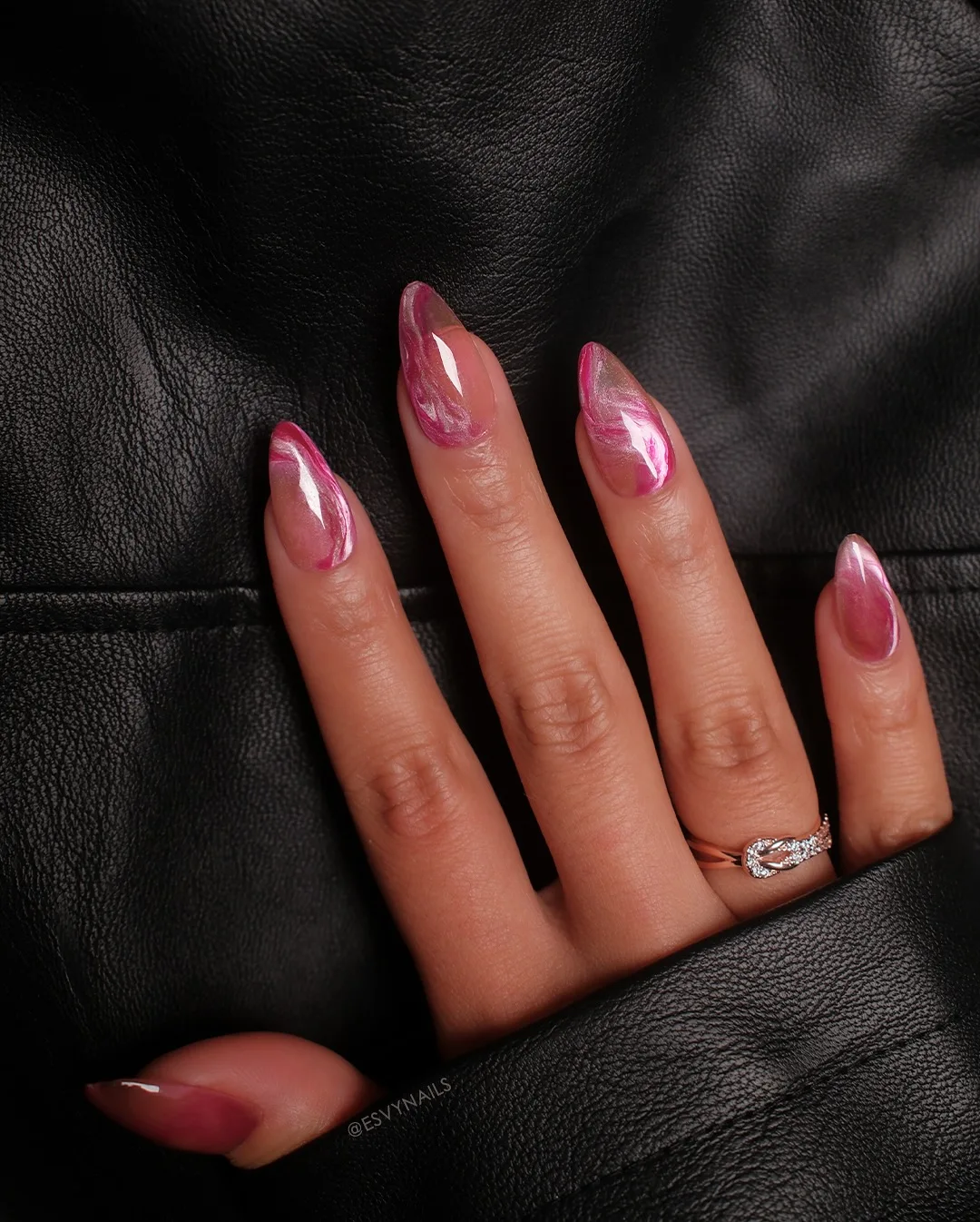 deep berry pink almond glossy nails