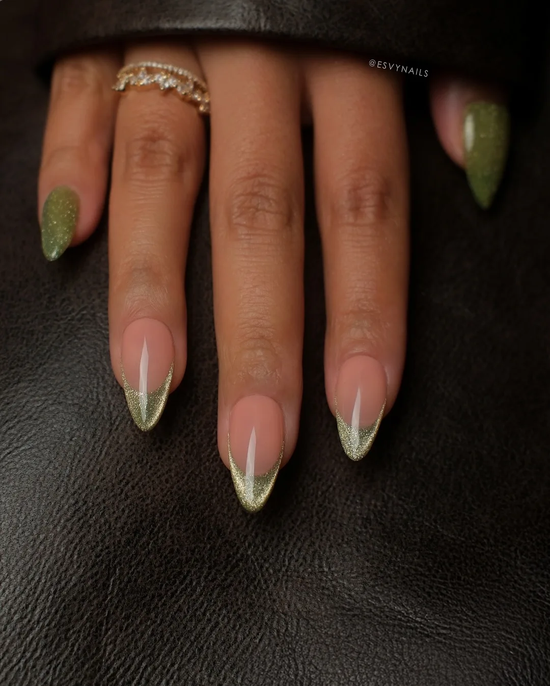 nude stiletto gold chevron nails