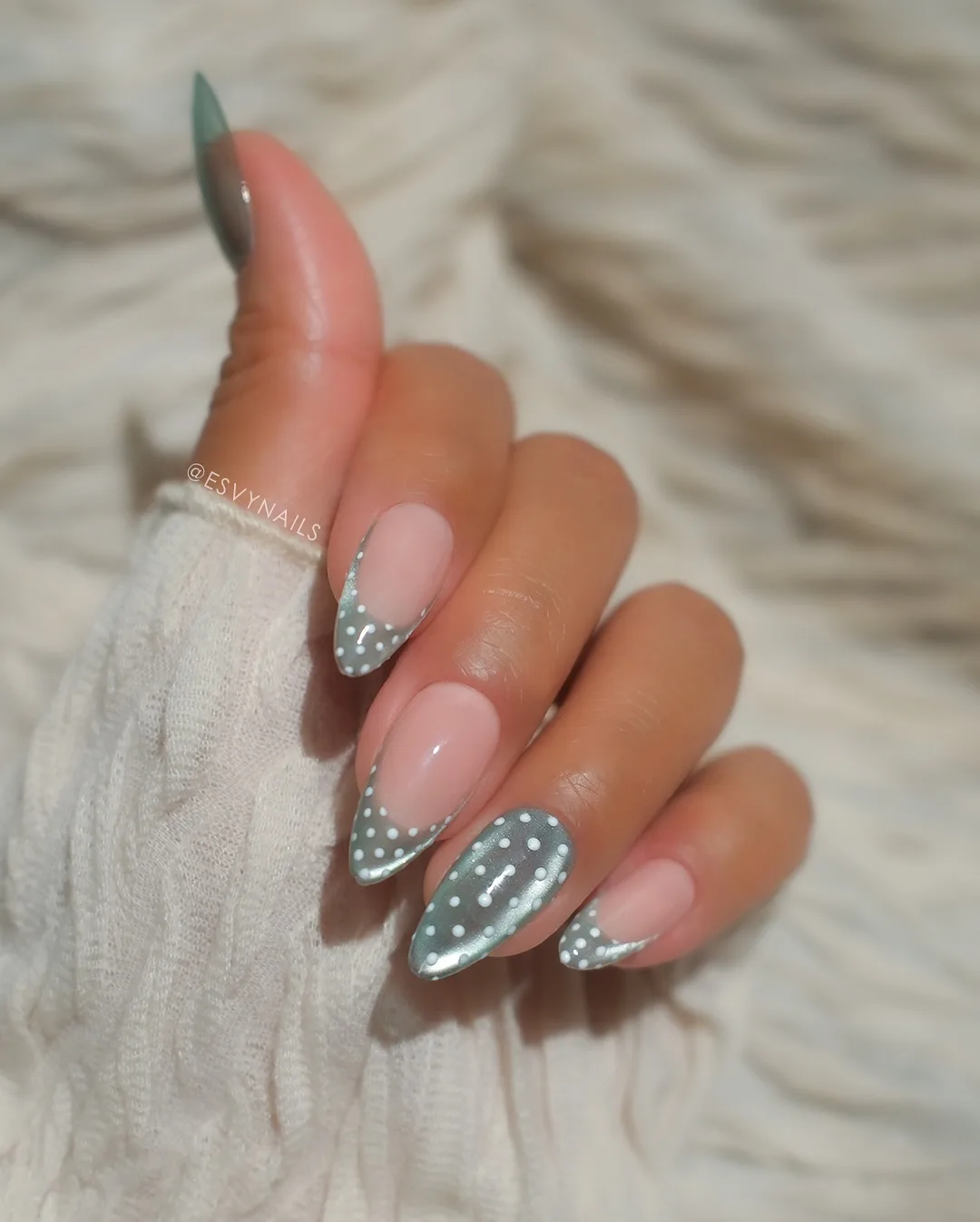 pink sage almond polka dot nails