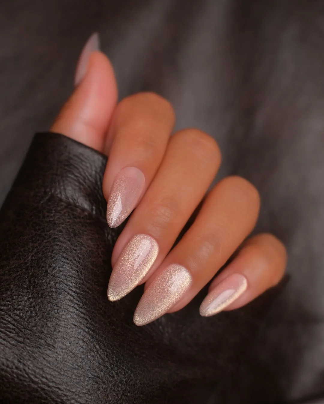 champagne pink almond chrome nails