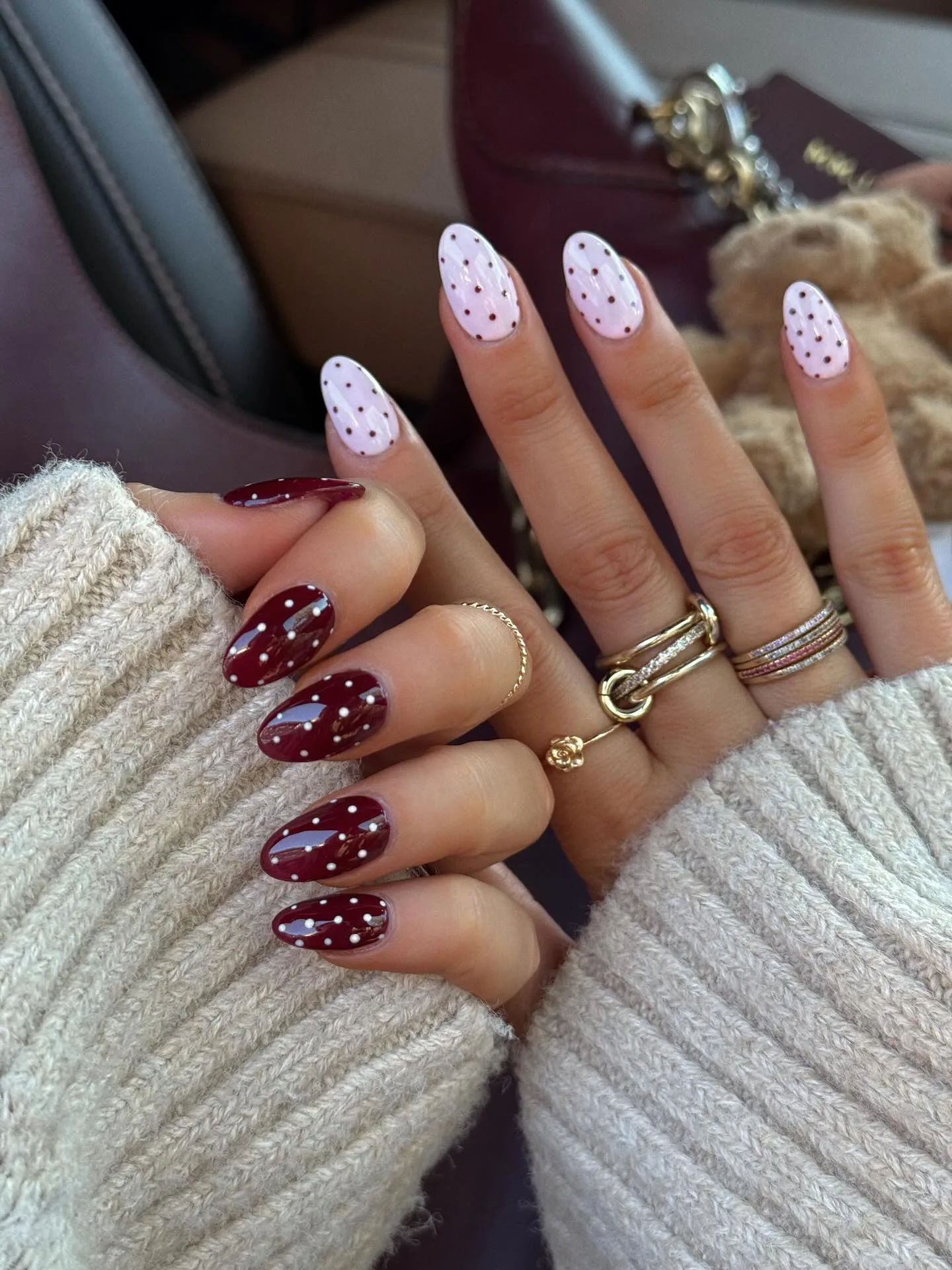 burgundy white almond polka dot nails