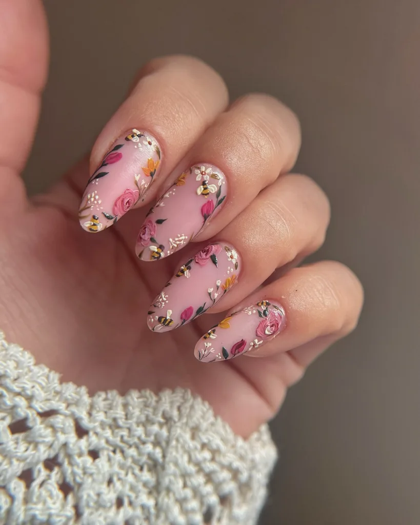 dusty pink almond floral nail designs spring