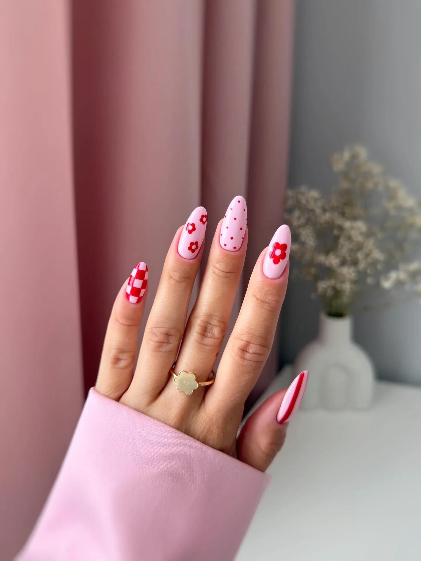 pink almond valentine themed nails