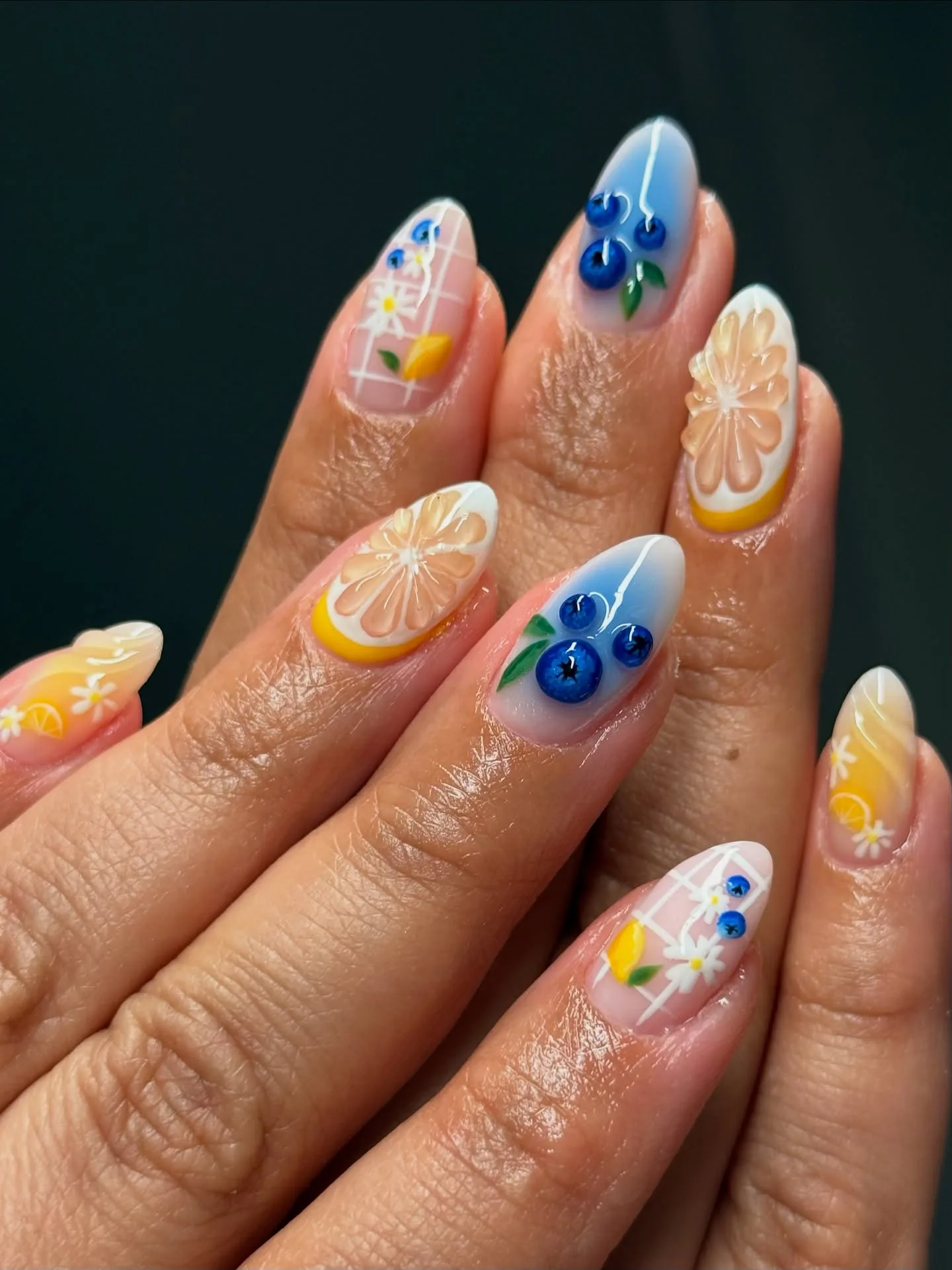 clear almond dimensional blueberry lemon nails