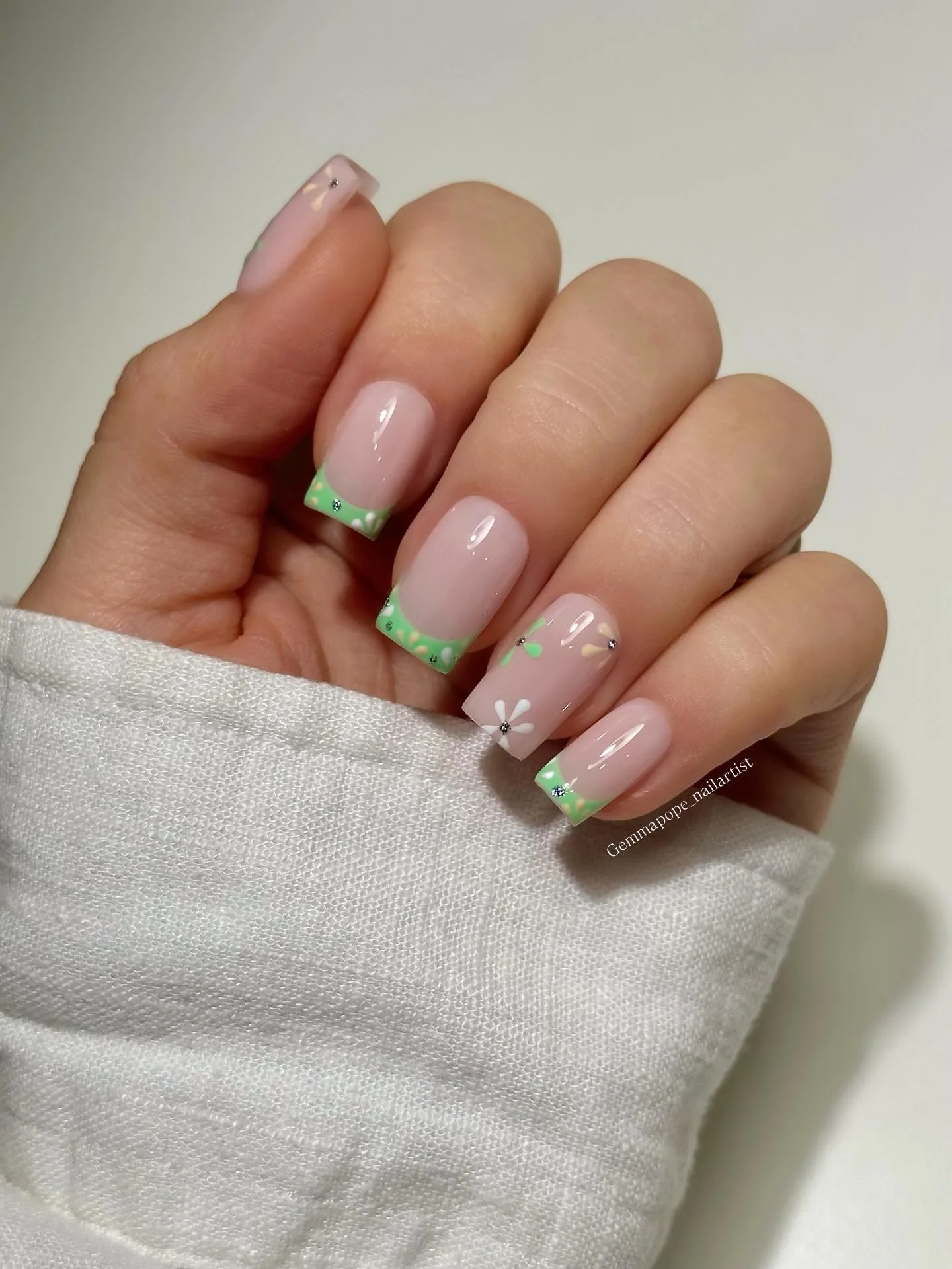 pink coffin green french floral nails