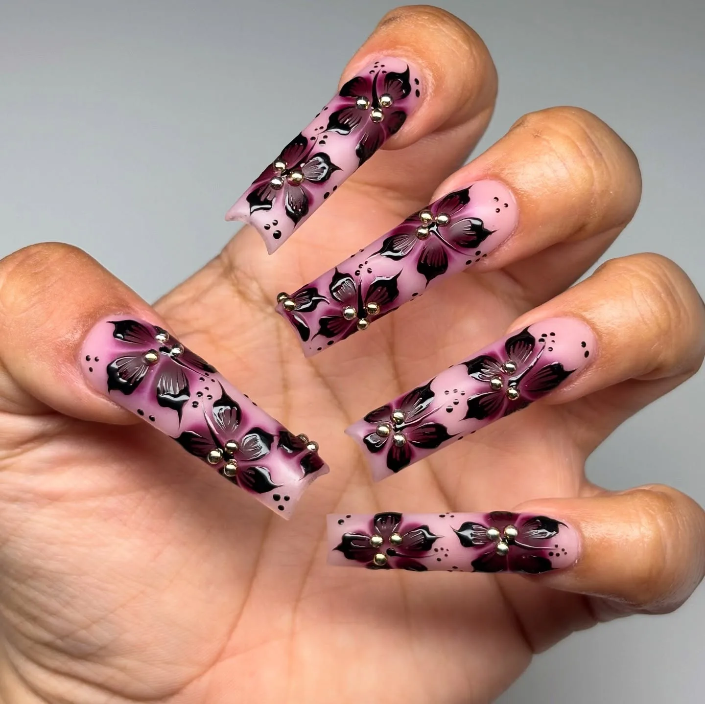 pink coffin floral gothic nails
