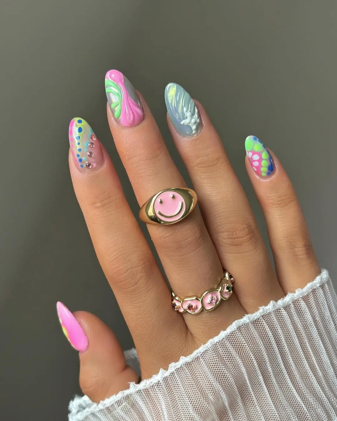 rainbow marble almond glazed nails