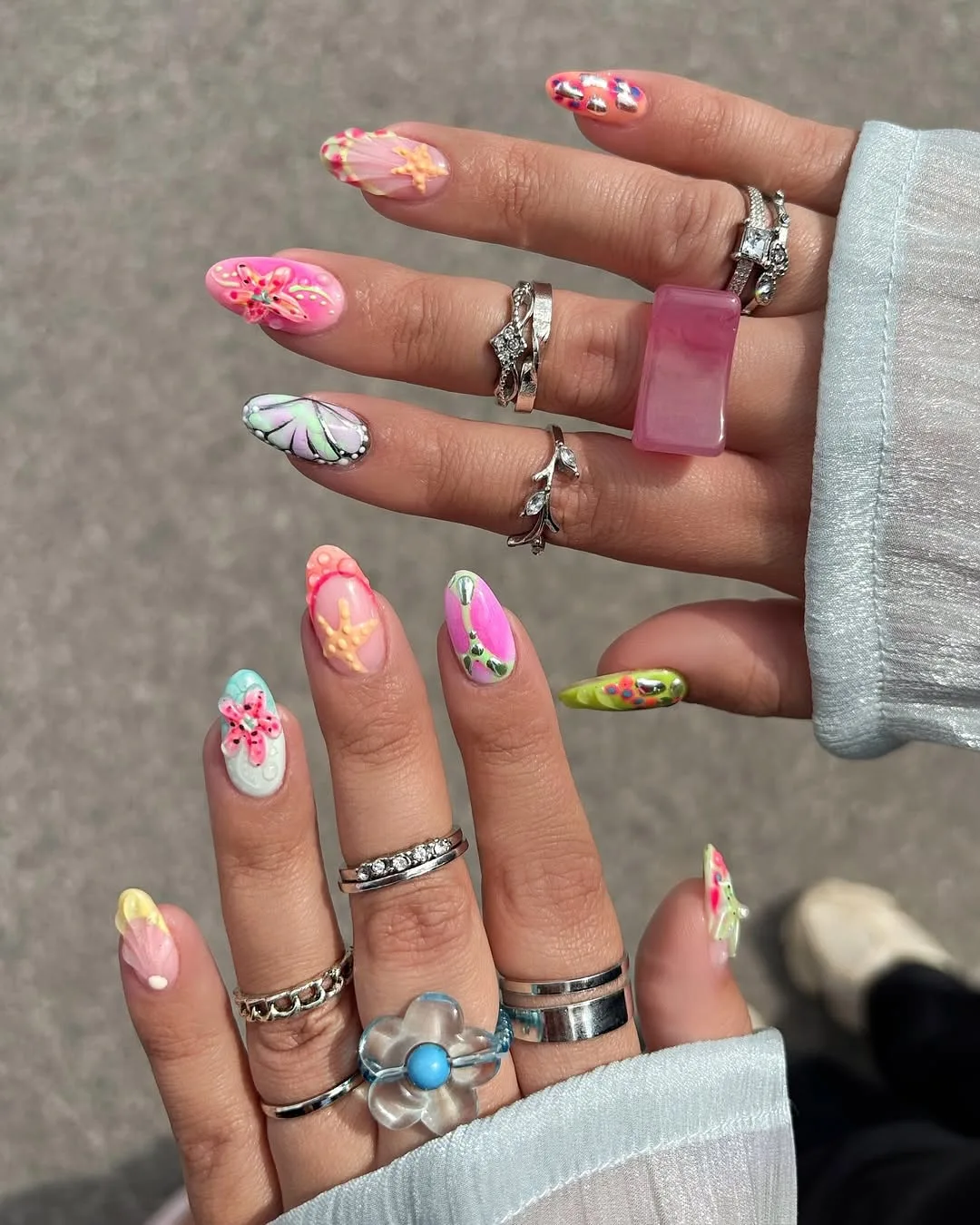 multicolor almond floral jelly nails