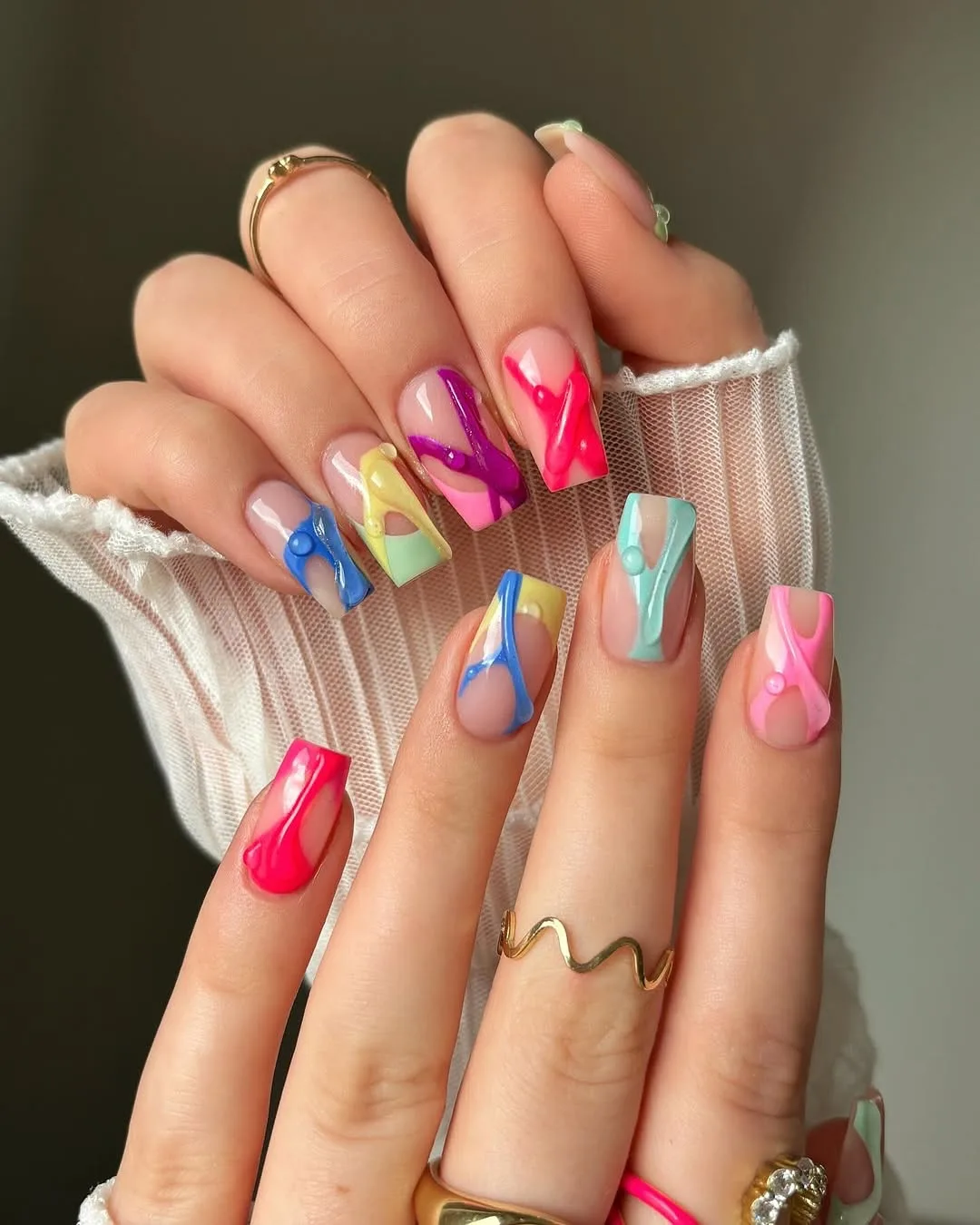 multicolor coffin jelly swirl nails