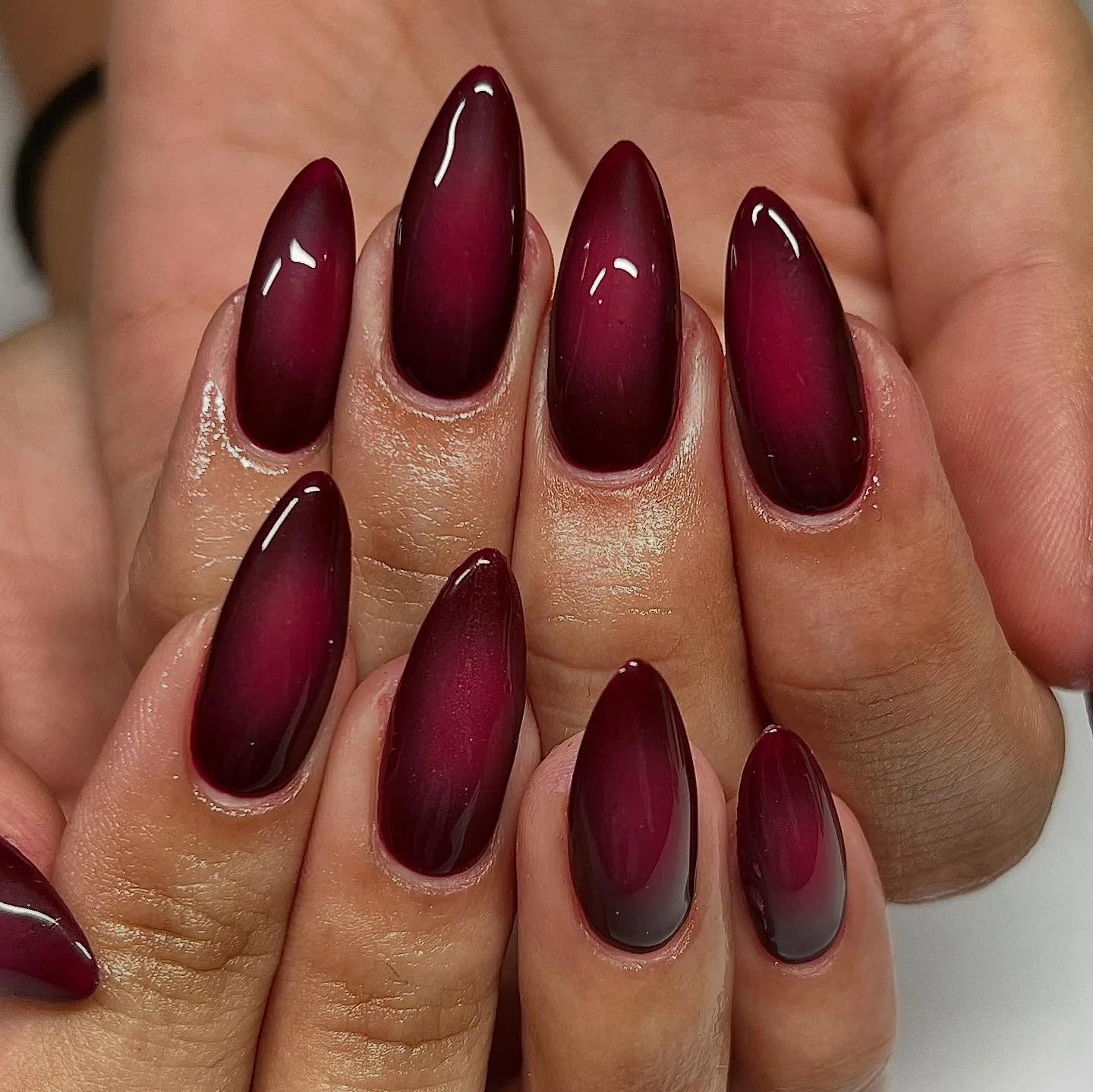 burgundy almond glossy nails