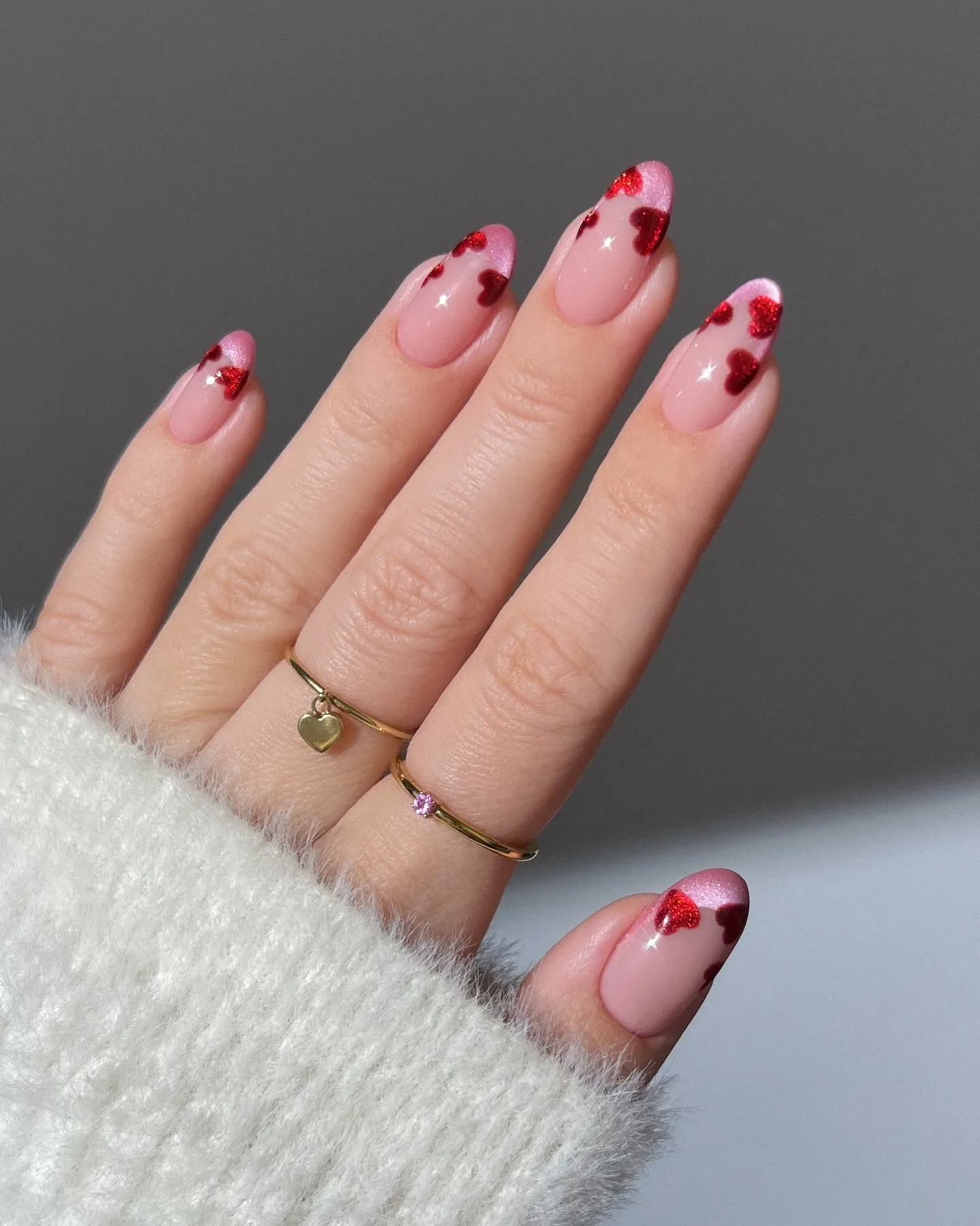 pink almond heart embellished nails