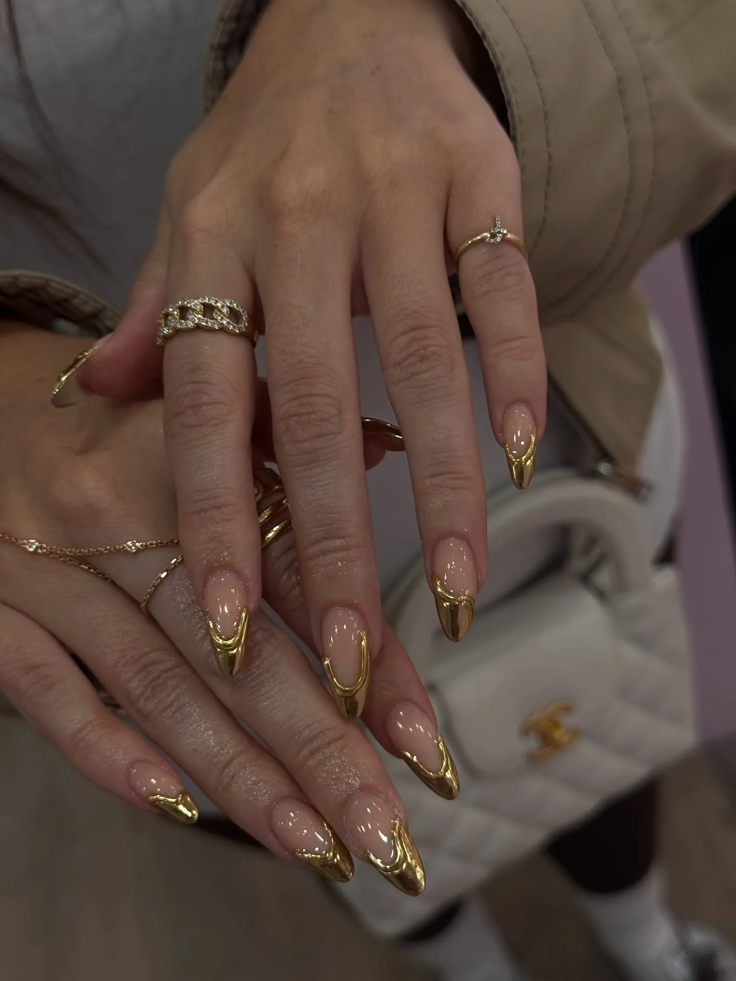 nude coffin gold chrome nails