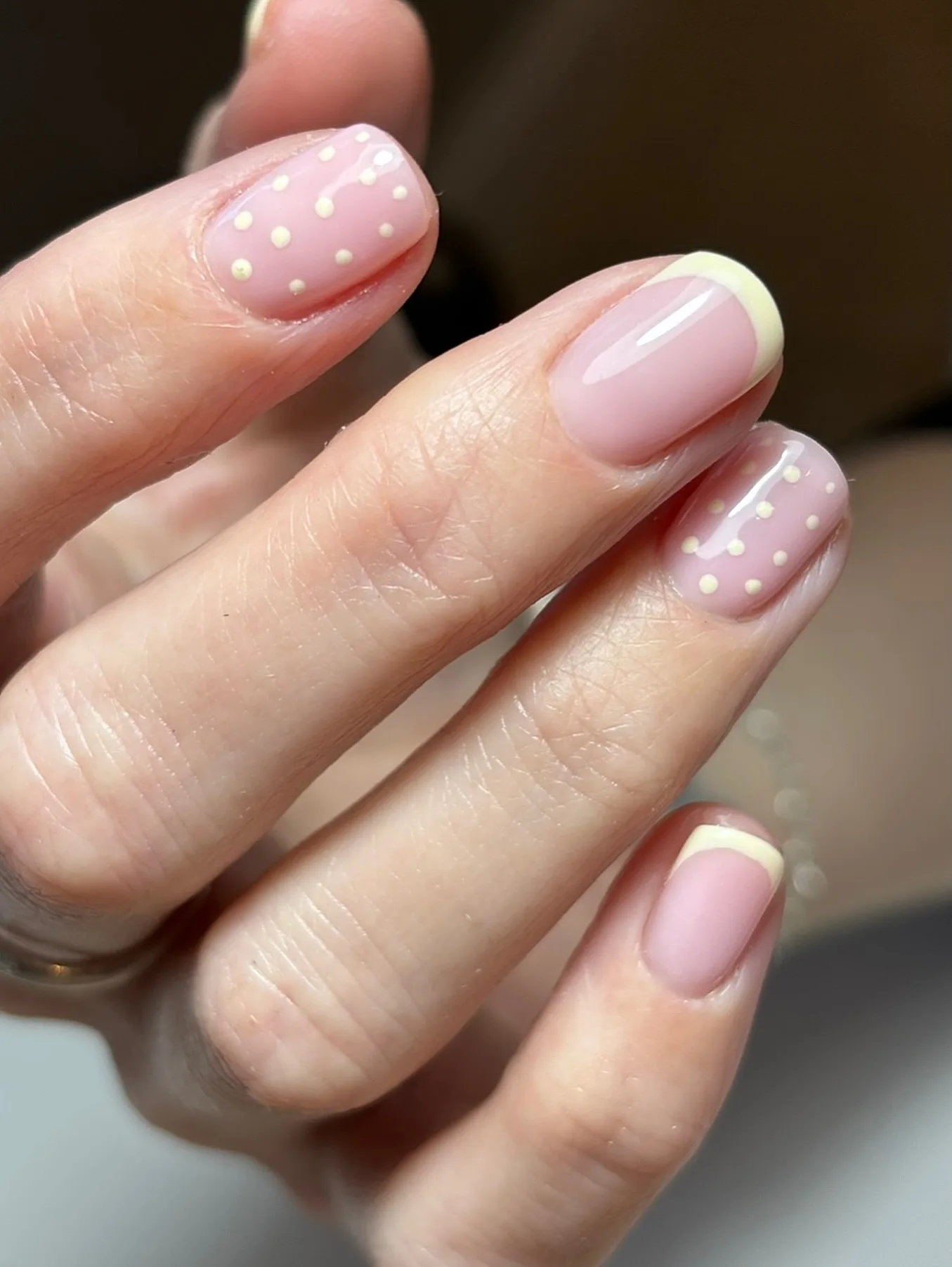dusty rose rounded polka dot nails
