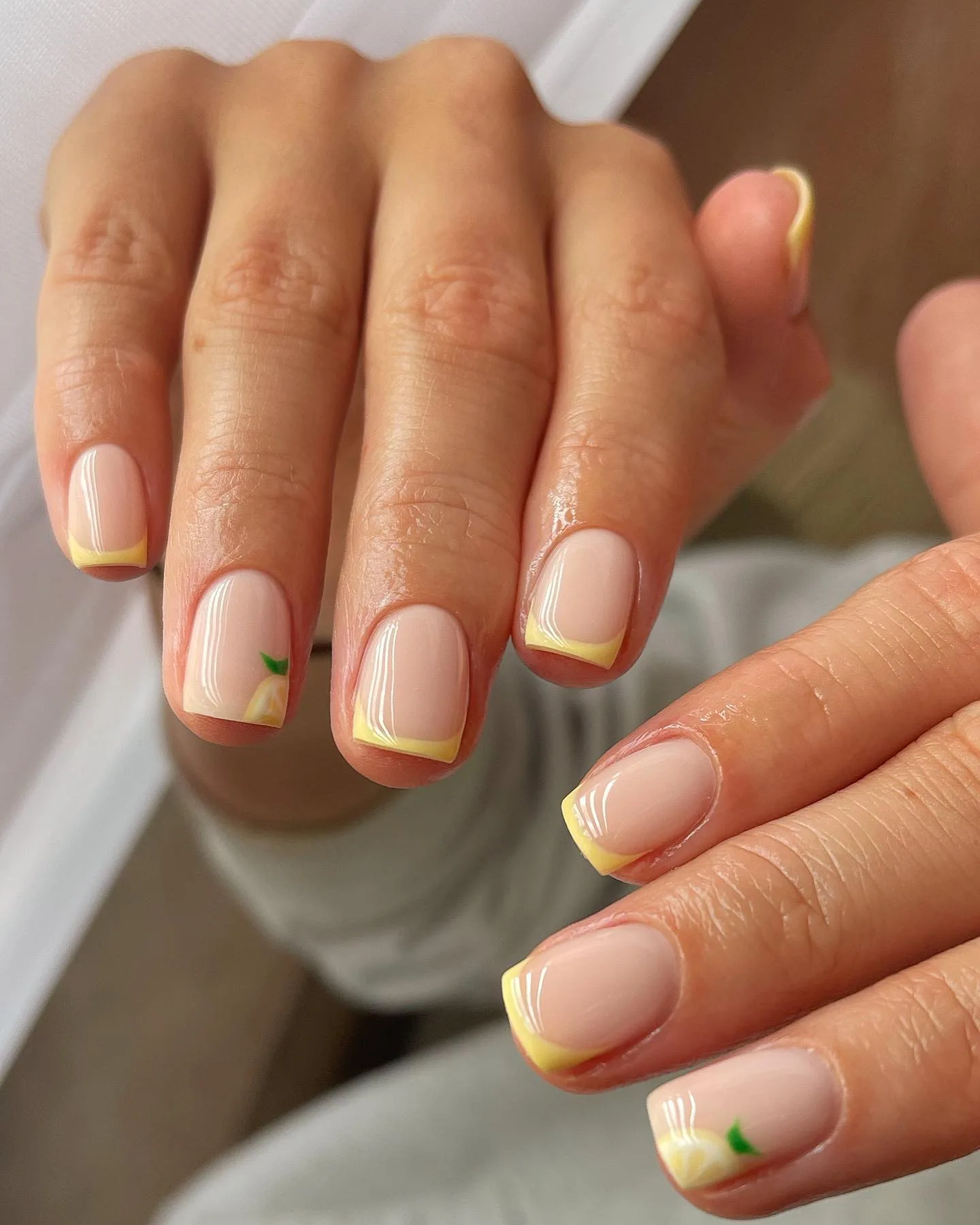 nude square yellow lemon french nails