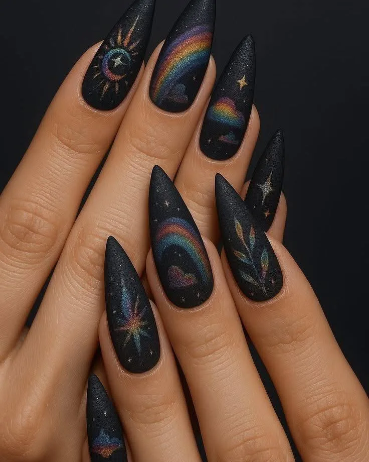 black stiletto holographic celestial nails