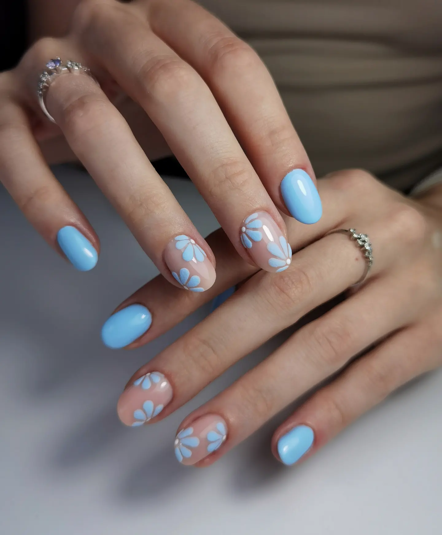 powder blue oval floral nails