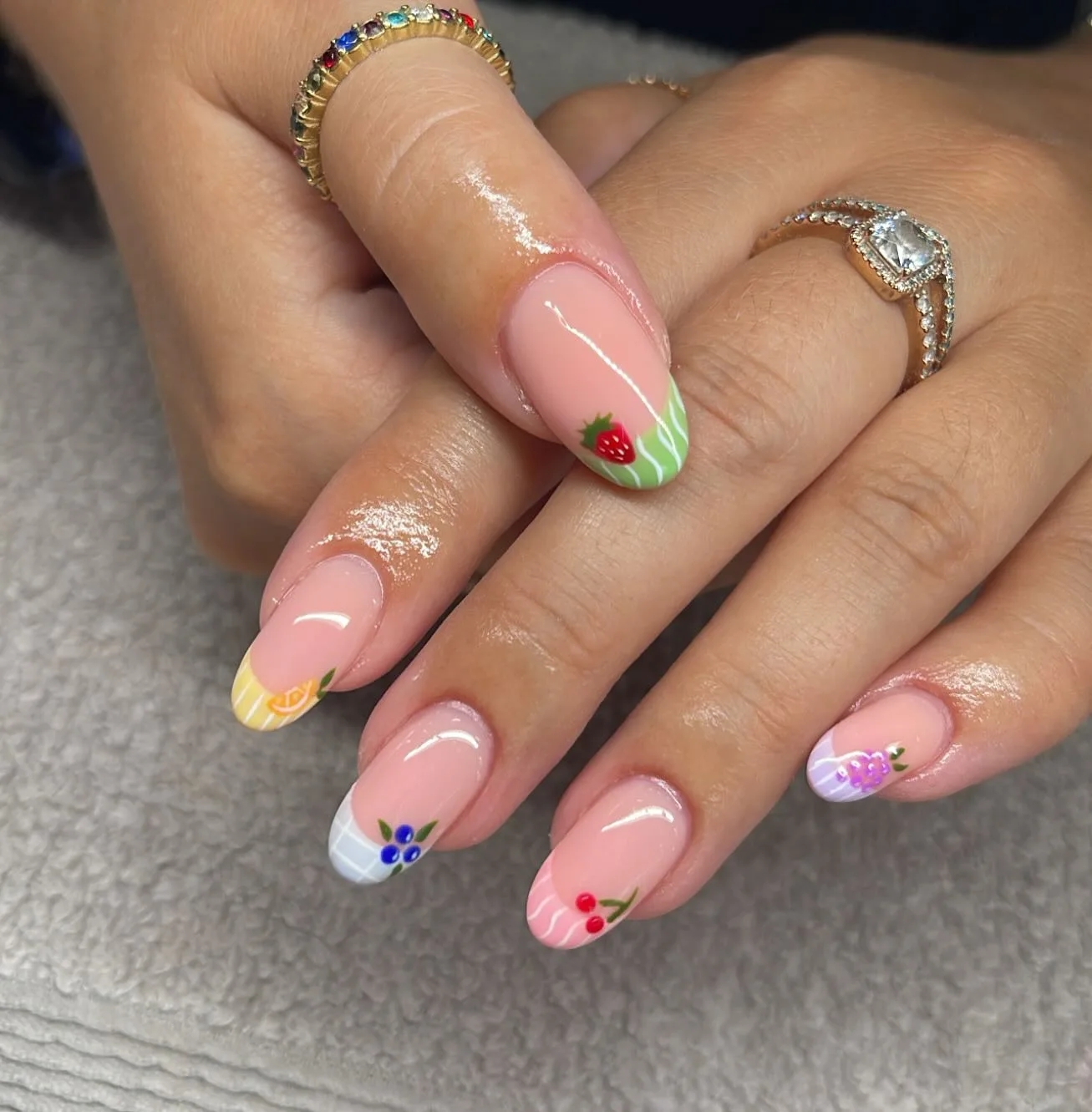 pink oval fruit design nails