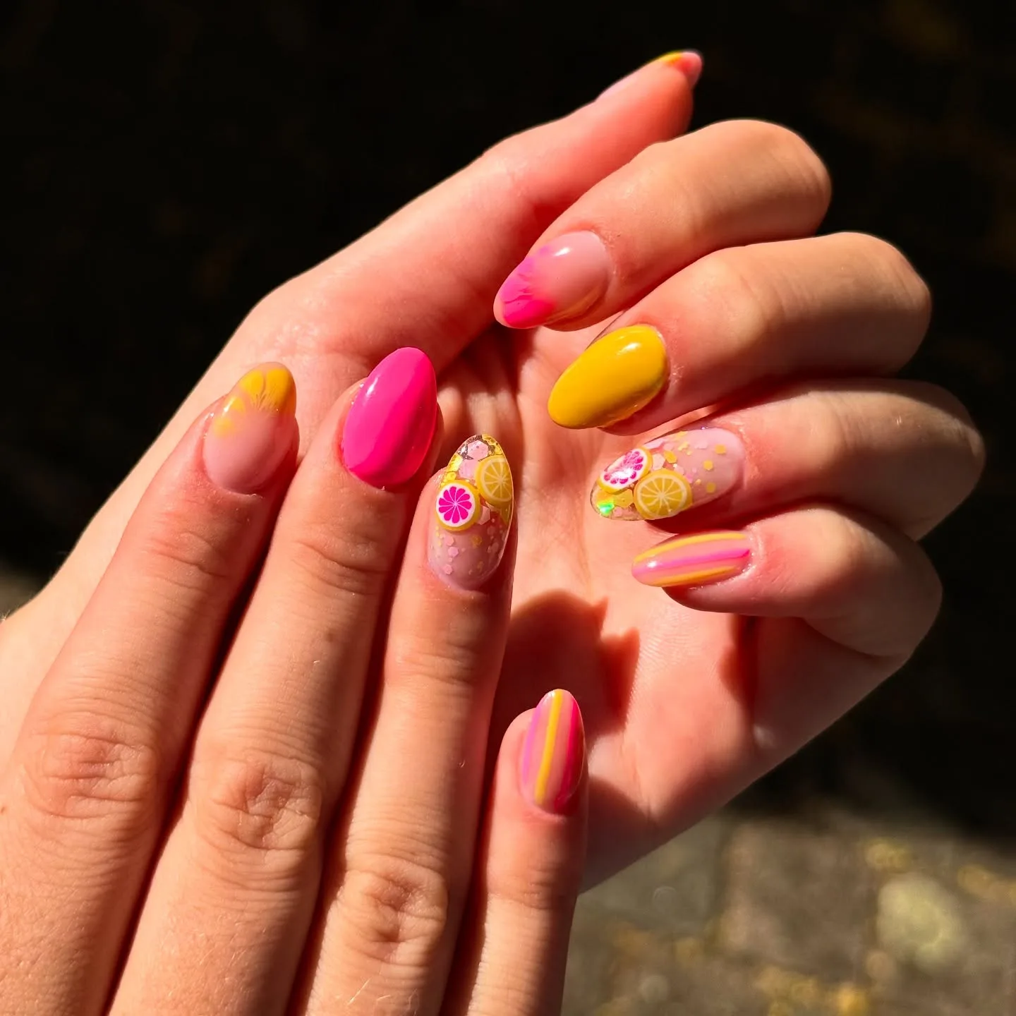 pink yellow almond lemon nails