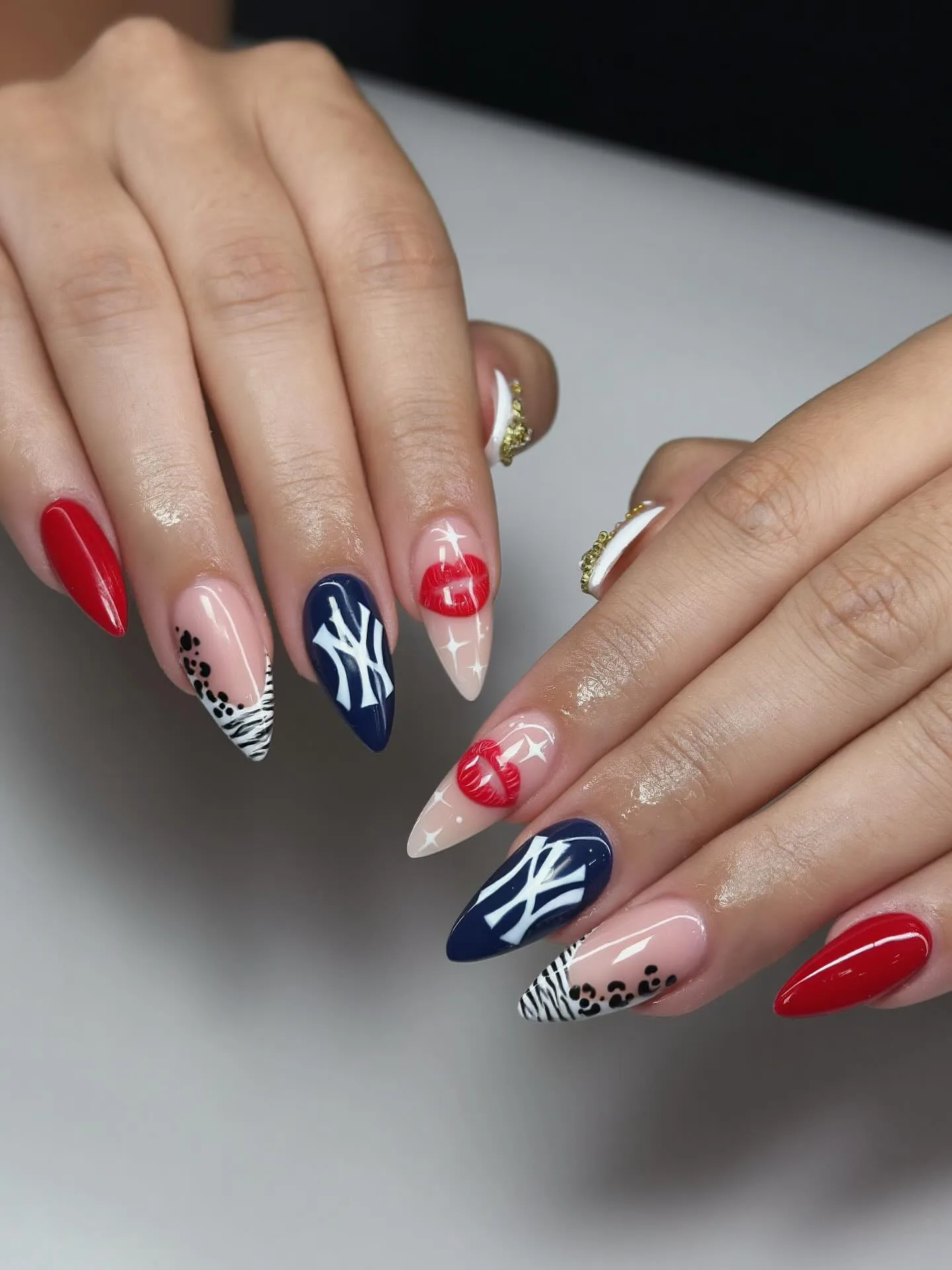 red navy almond mixed design nails