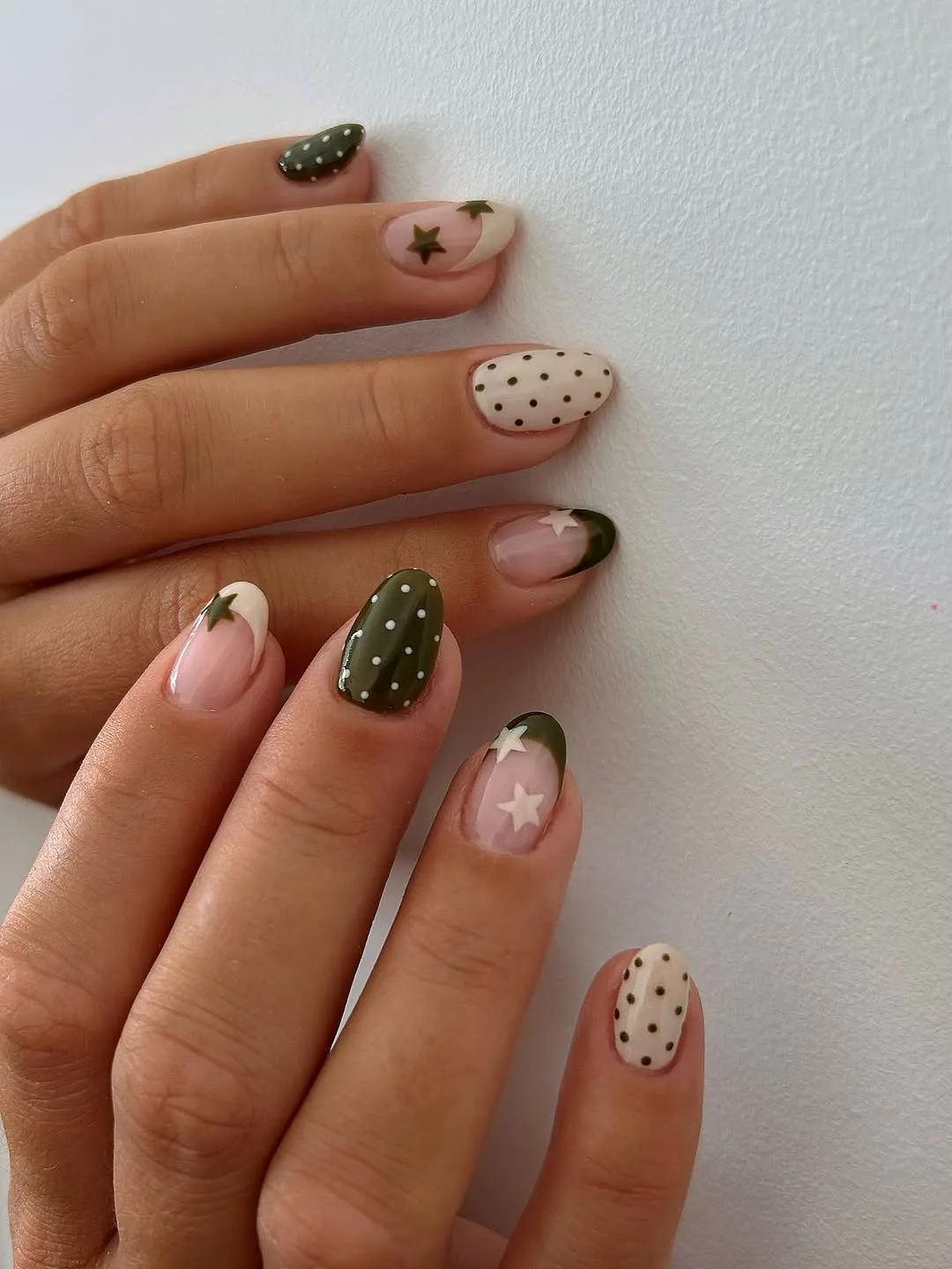 sage green cream oval star nails