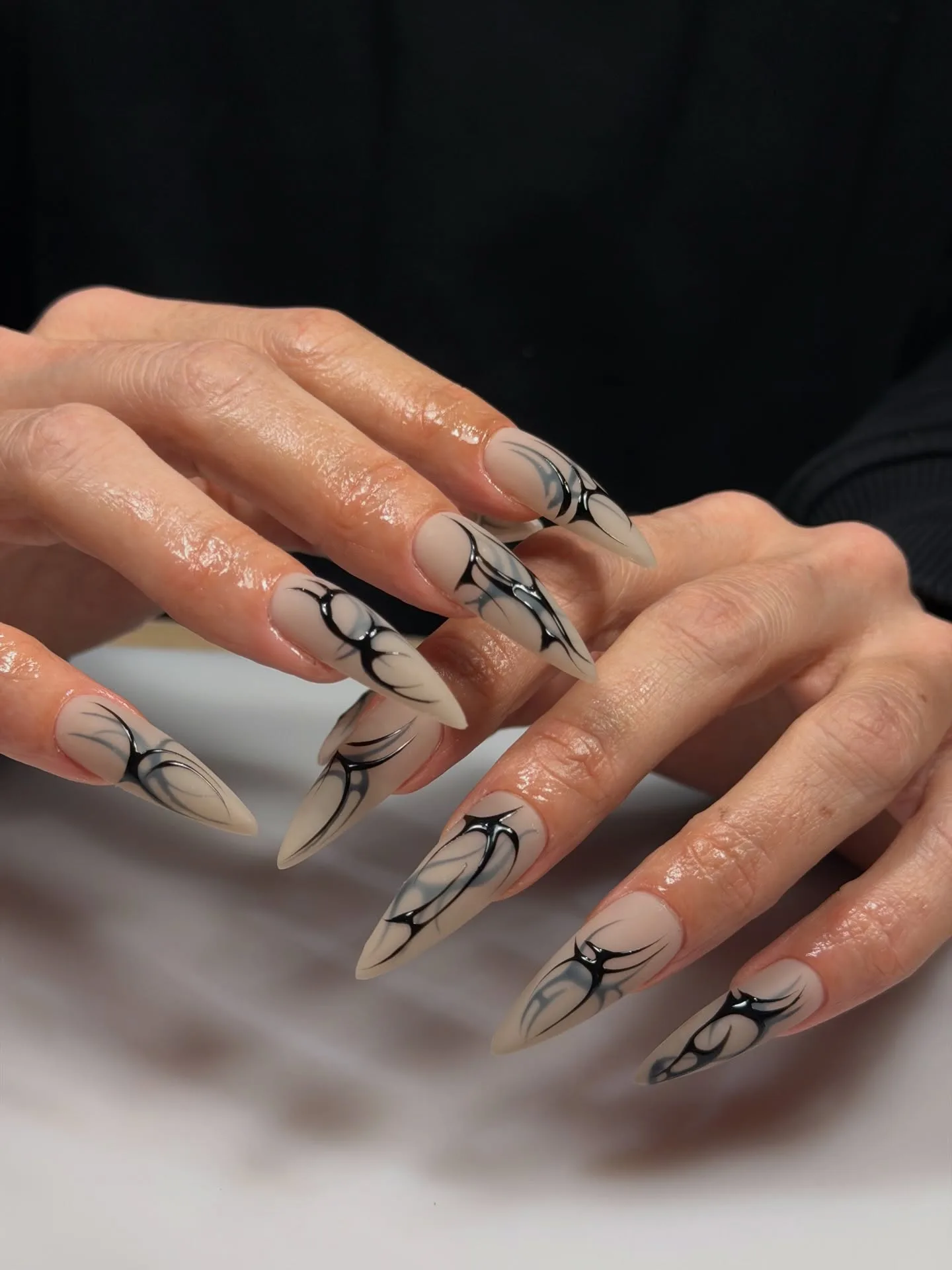 nude stiletto abstract line nails