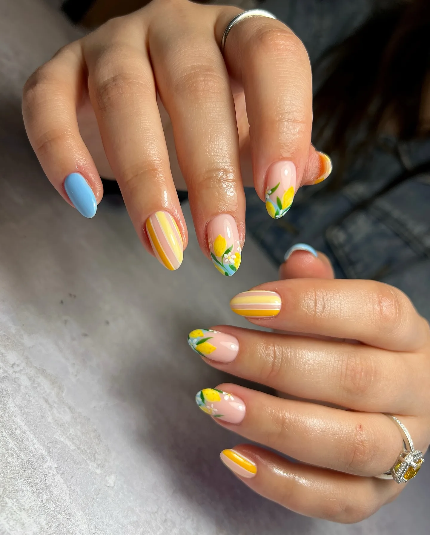 pastel oval lemon accent nails