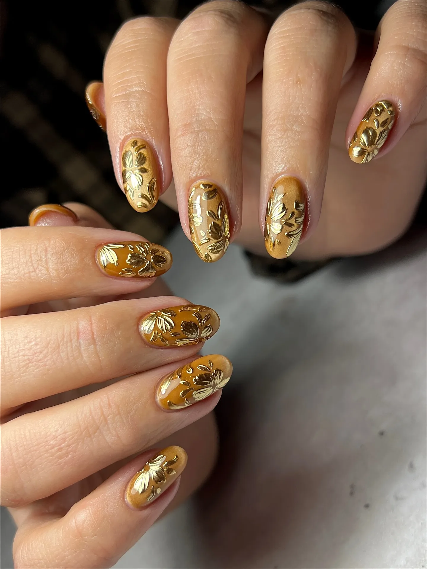 amber oval floral foil nails