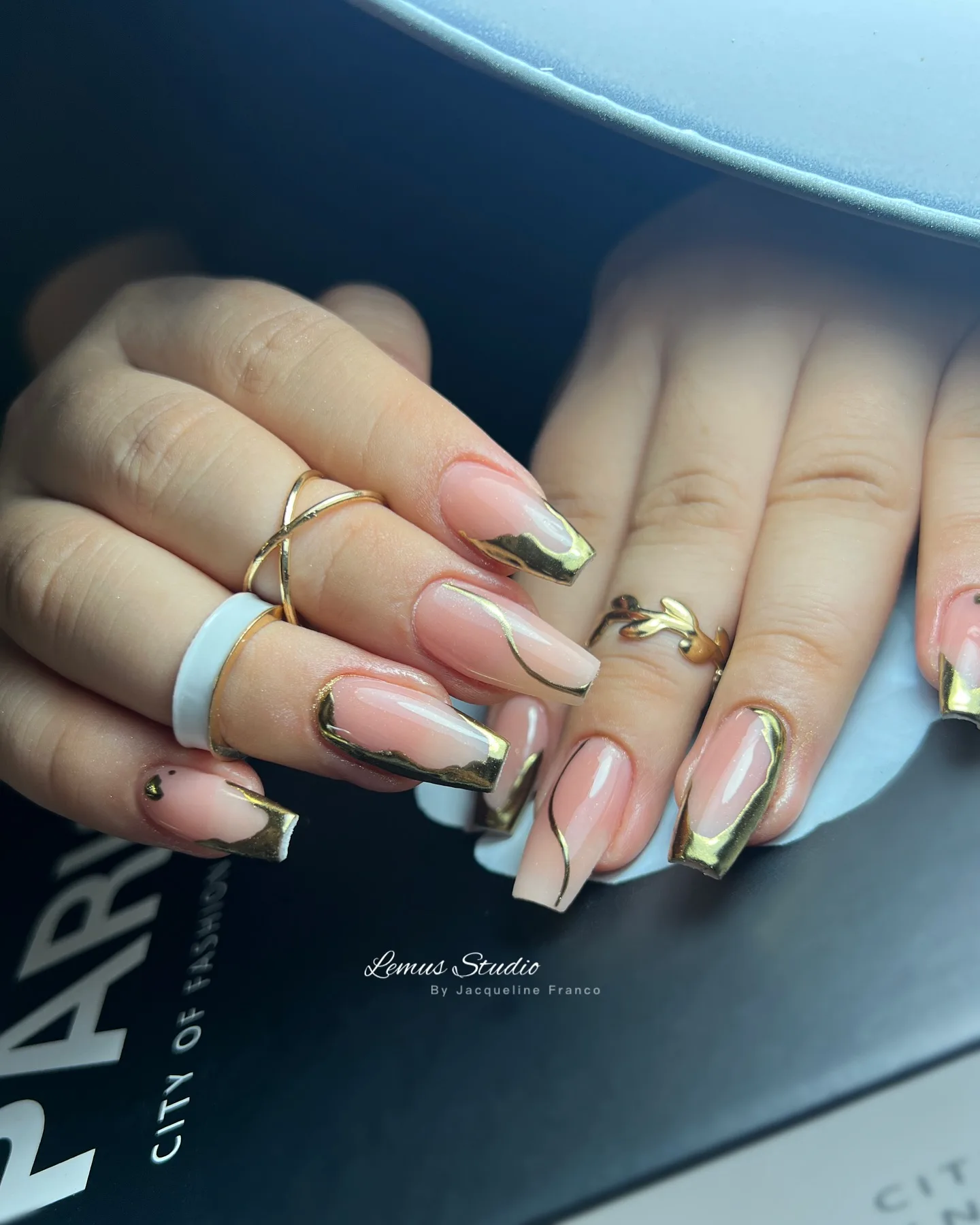 nude pink coffin gold chrome nails