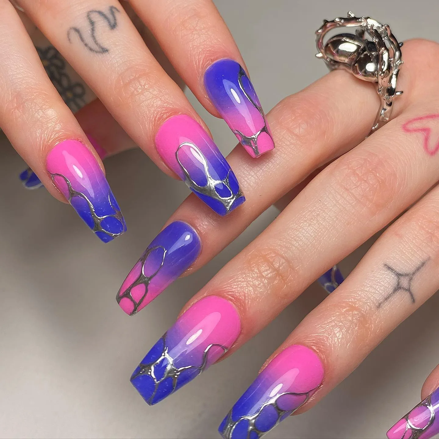 pink blue coffin chrome drip nails