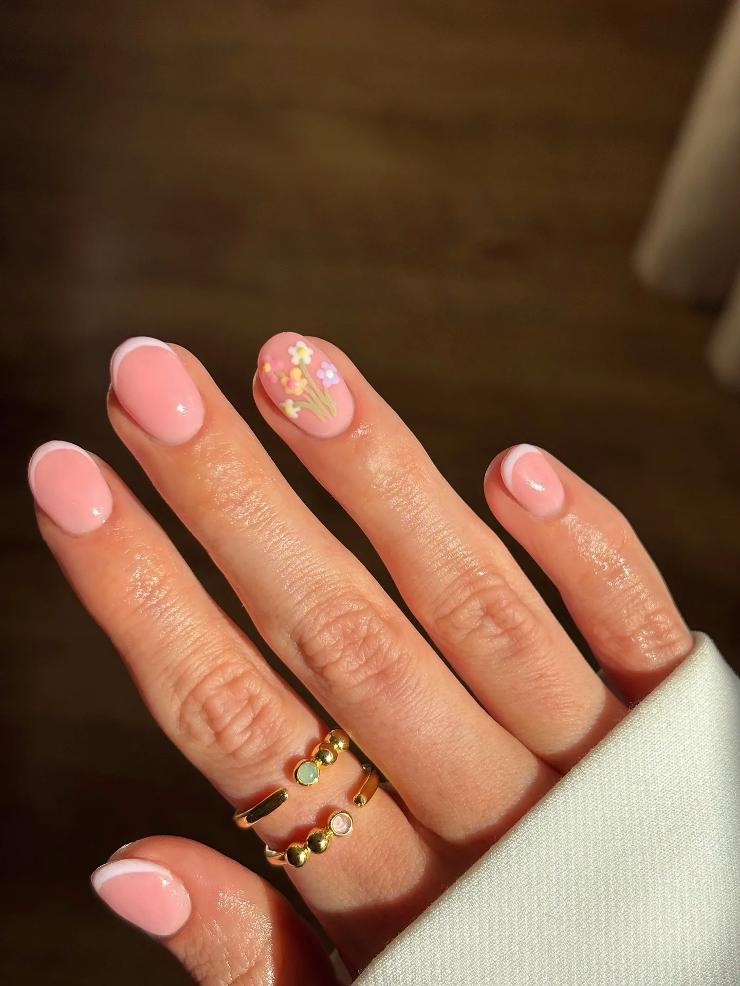 peachy pink oval floral nails