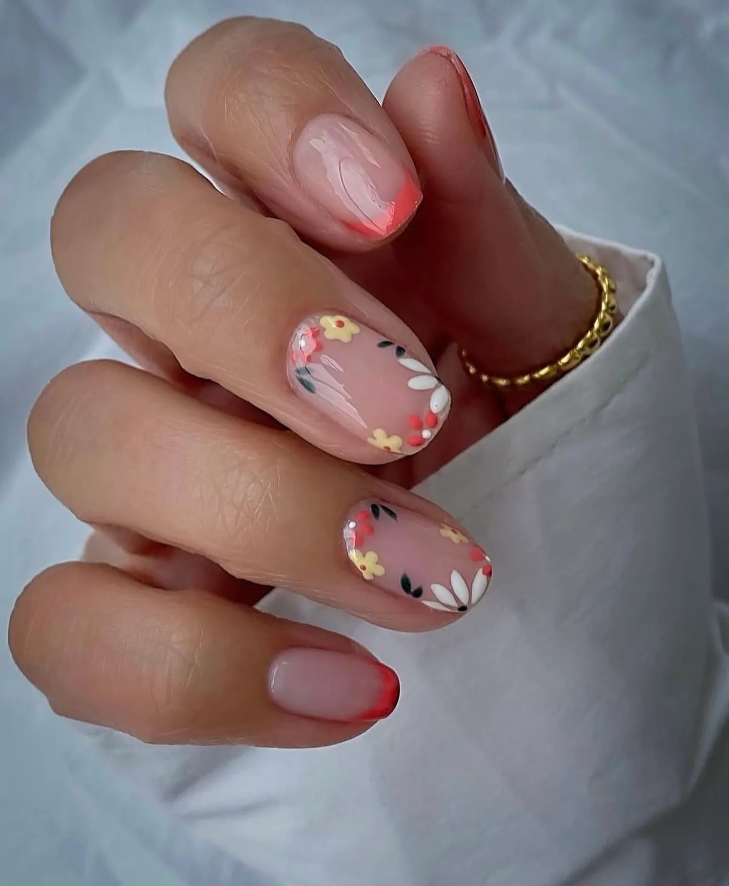 peachy pink oval floral nails