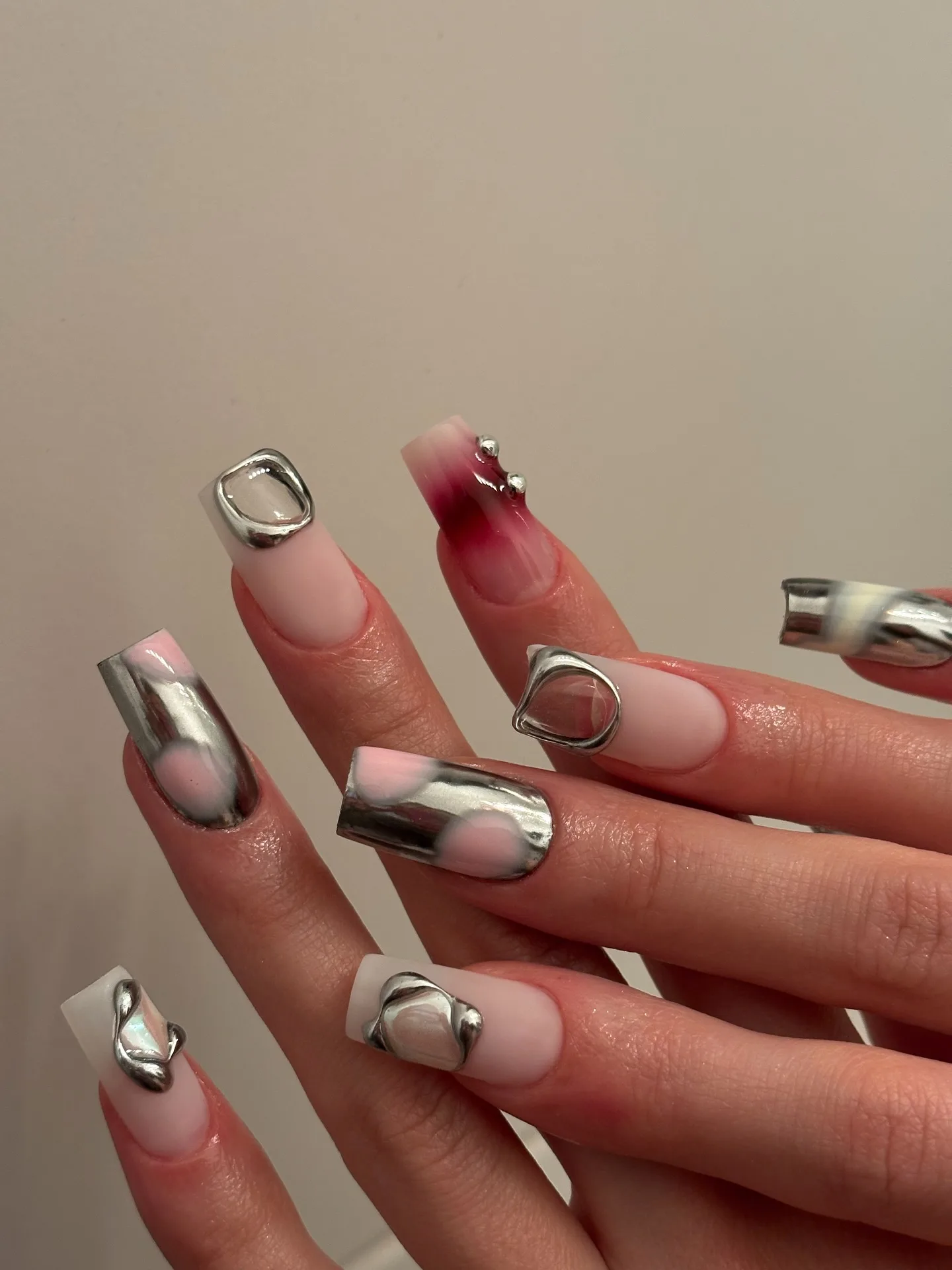 nude coffin chrome sculptural nails