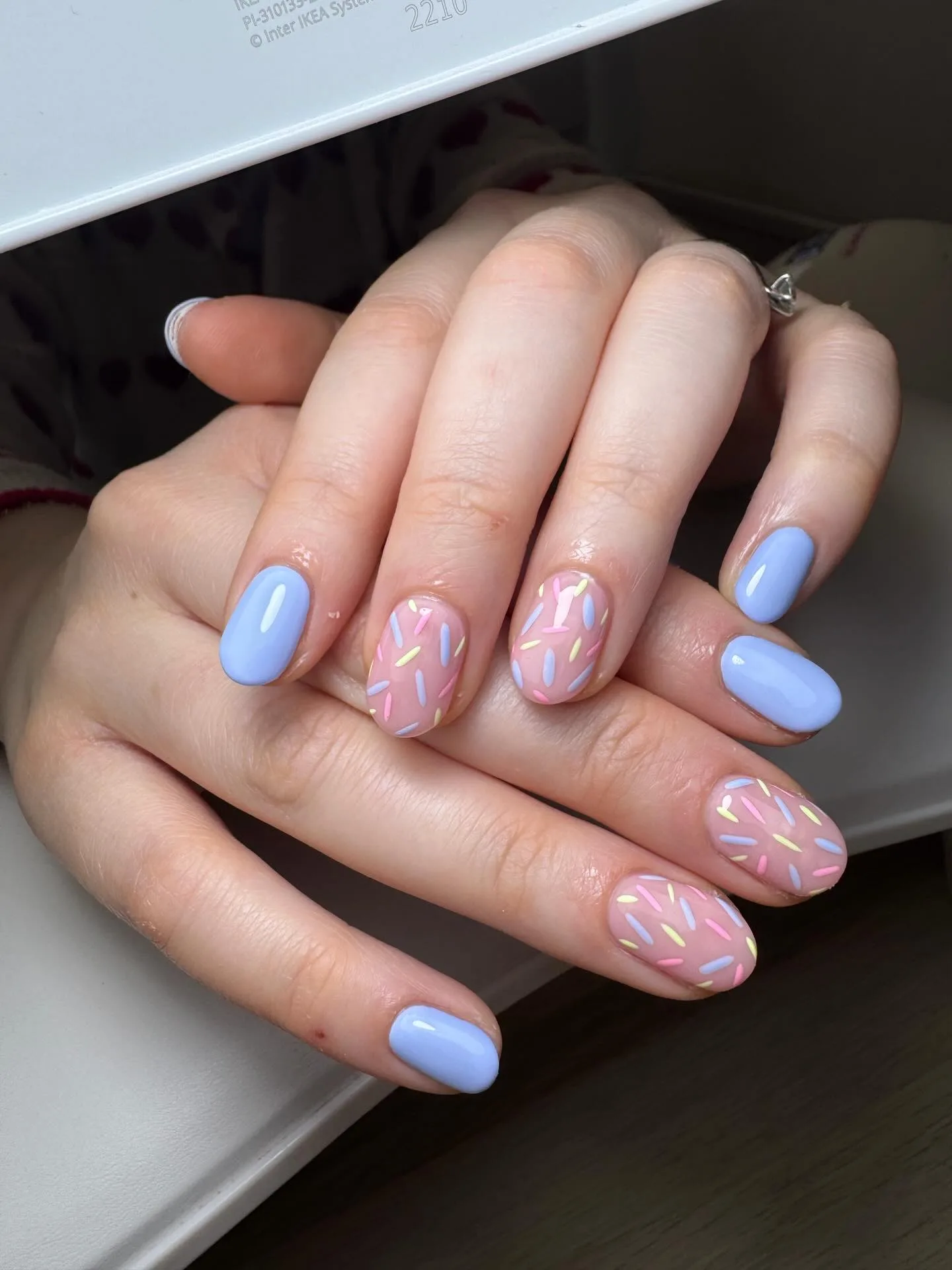 blue pink oval sprinkle nails