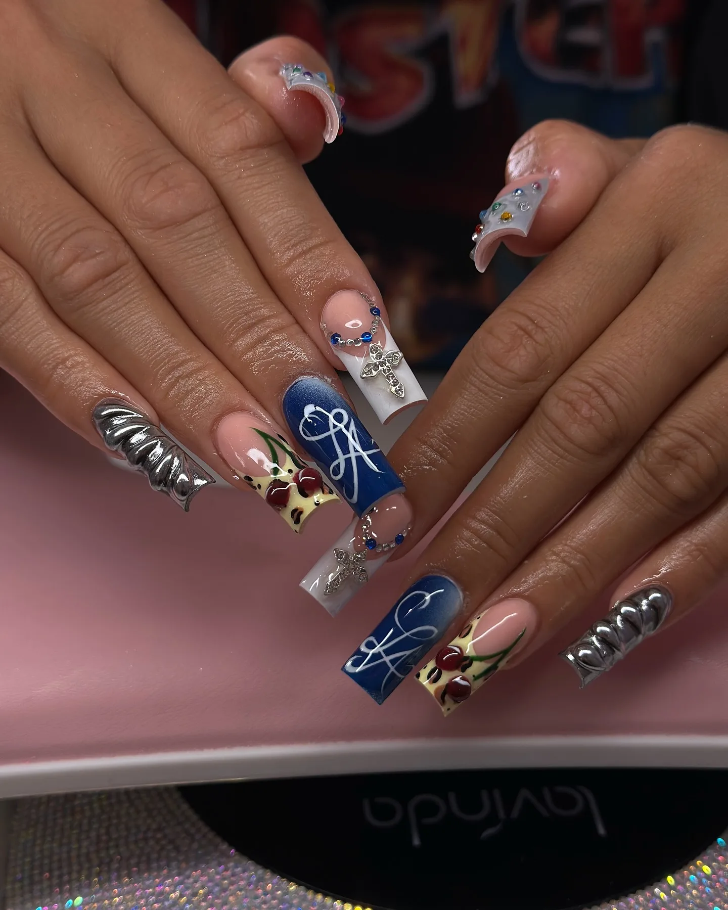 blue clear coffin embellished nails