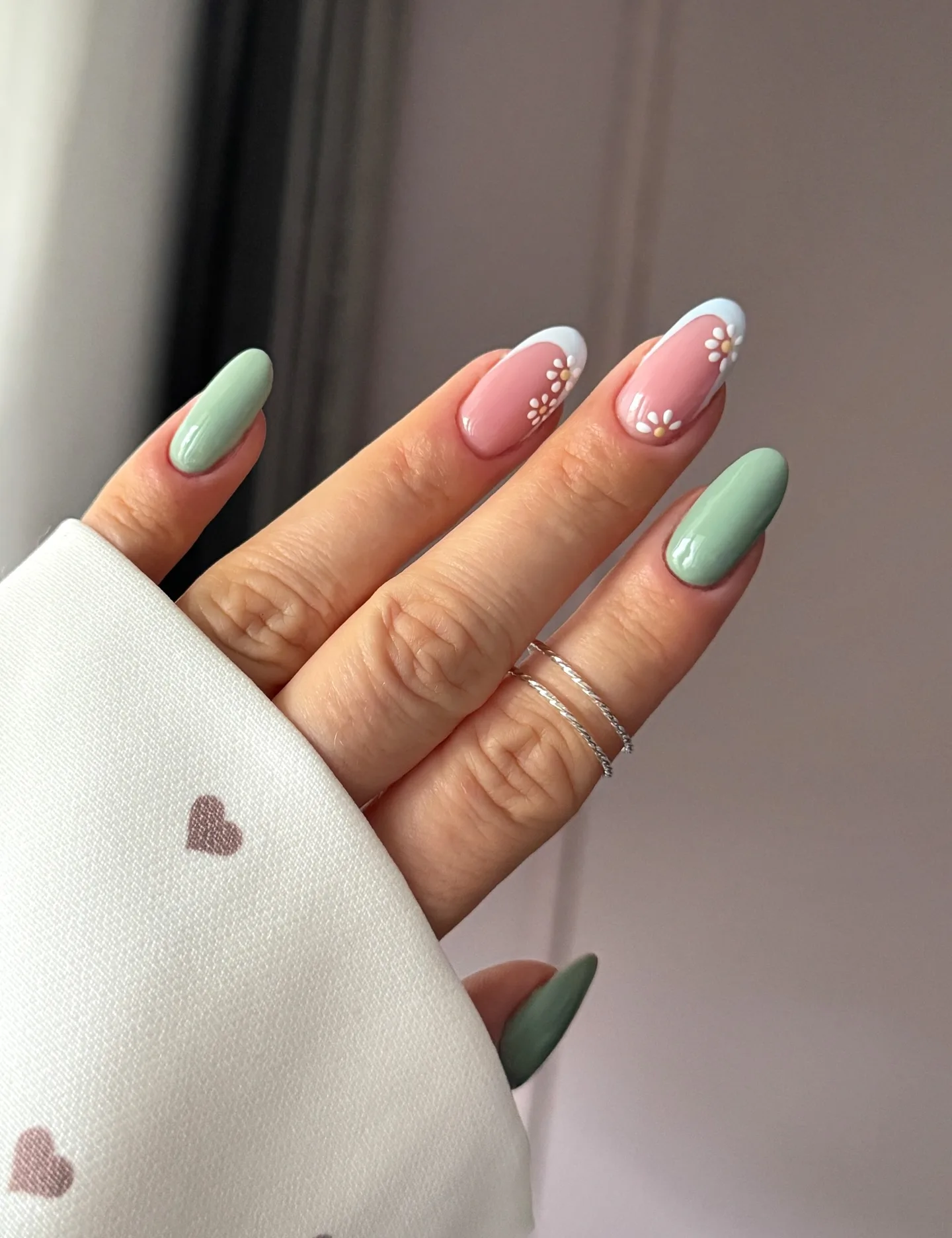 sage pink oval floral nails