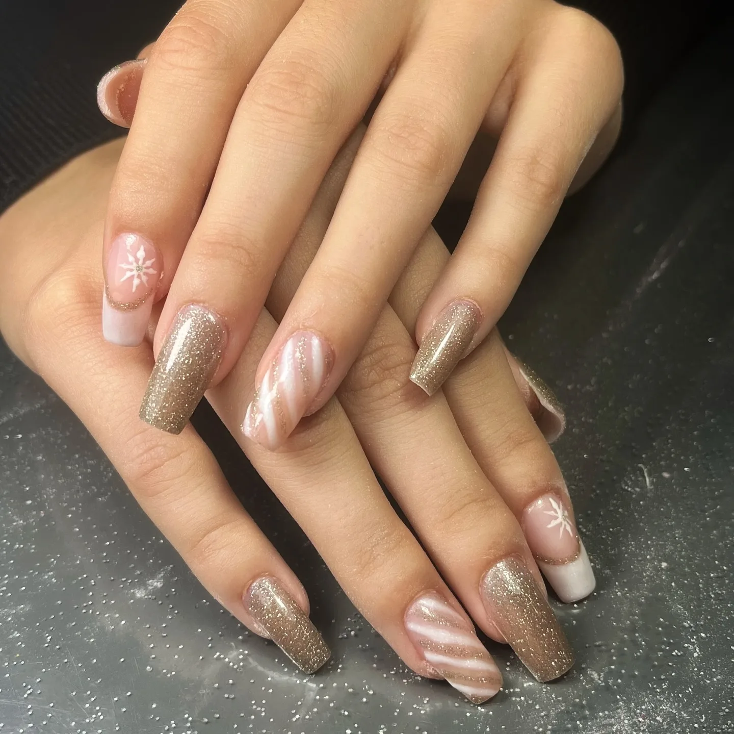 nude pink coffin snowflake nails