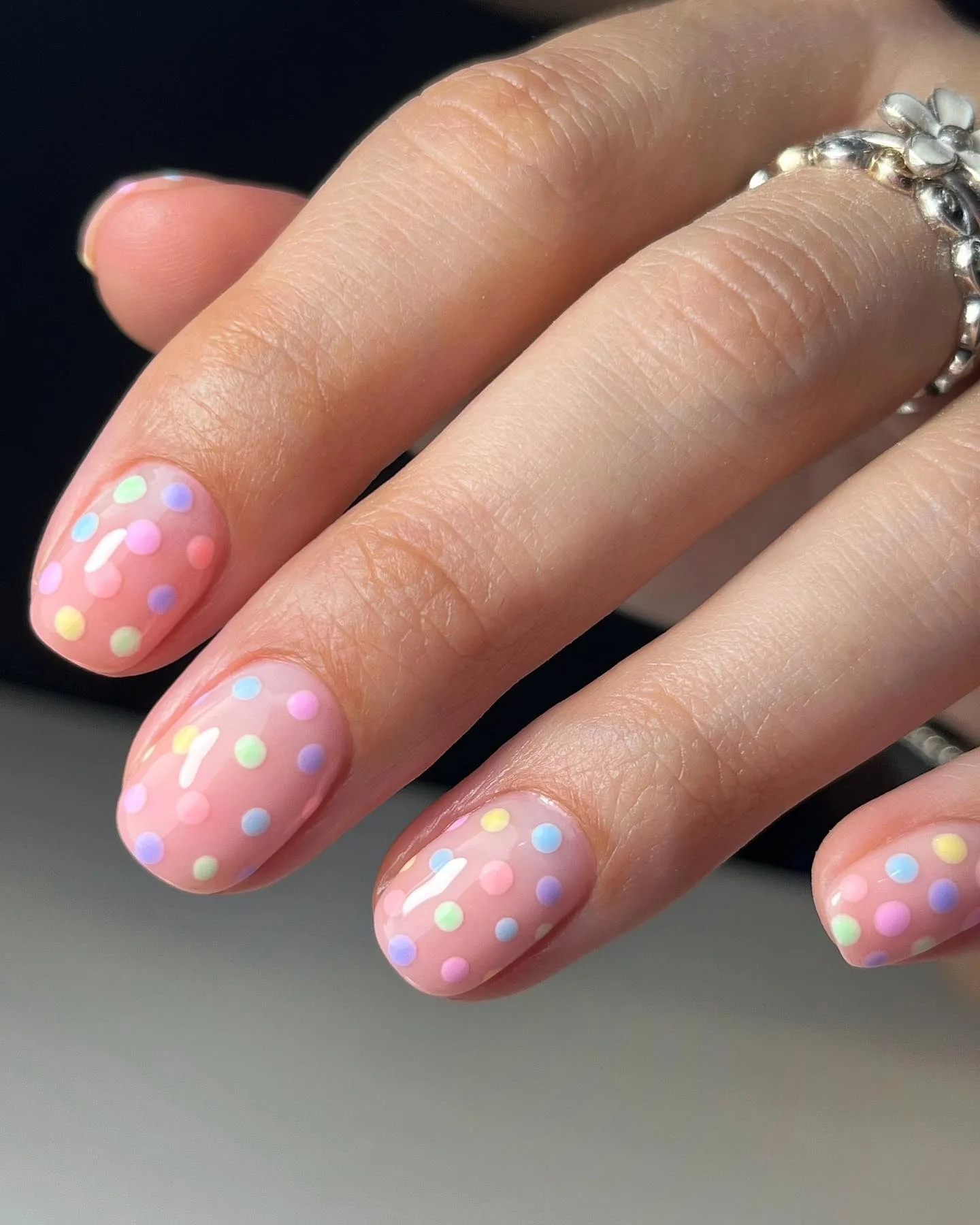 peachy pink oval confetti dot nails