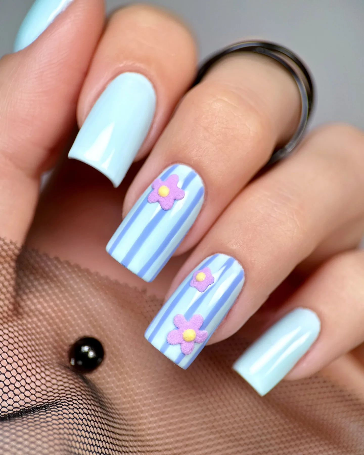 baby blue coffin floral stripe nails