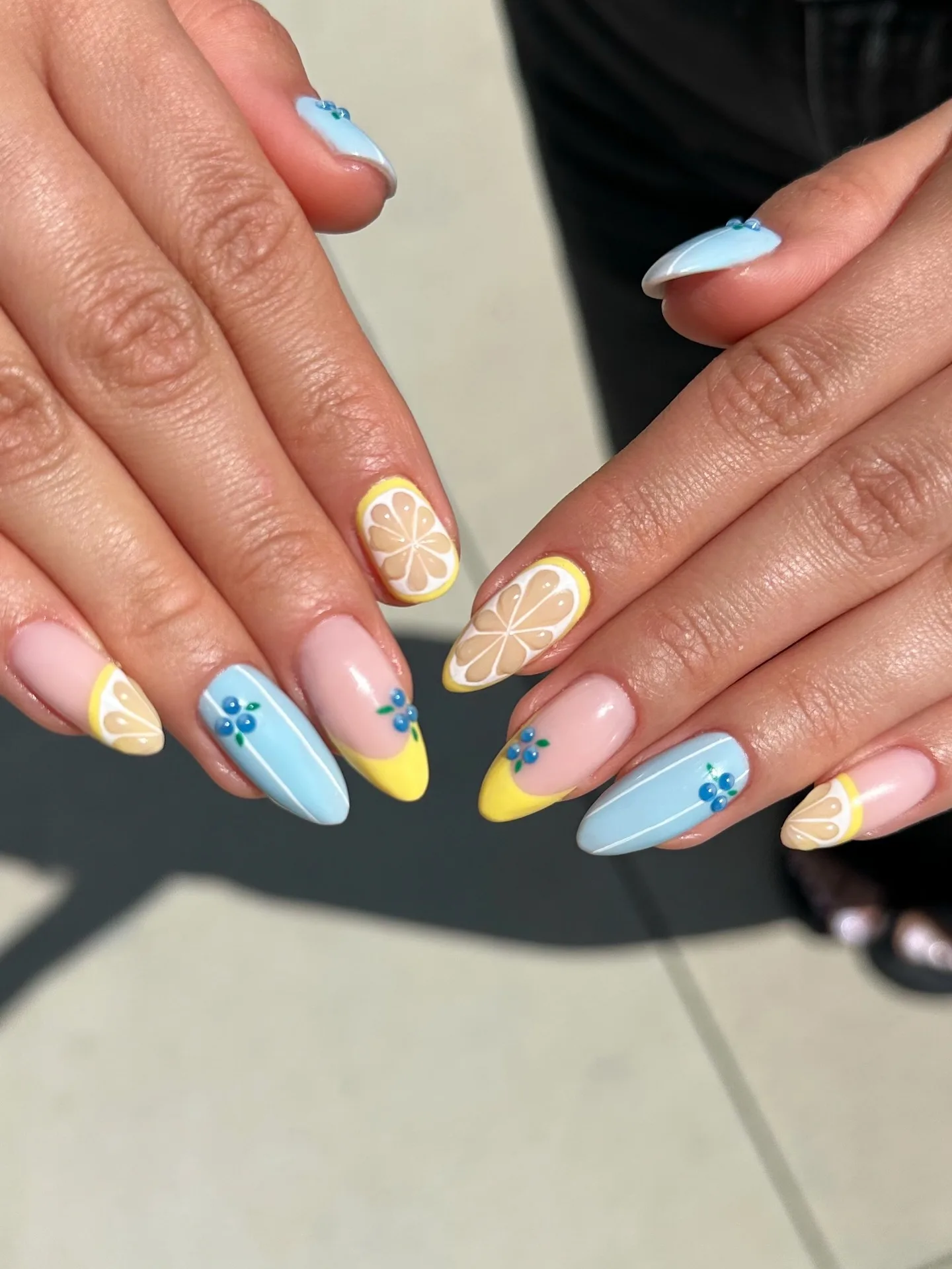 pastel almond citrus floral nails